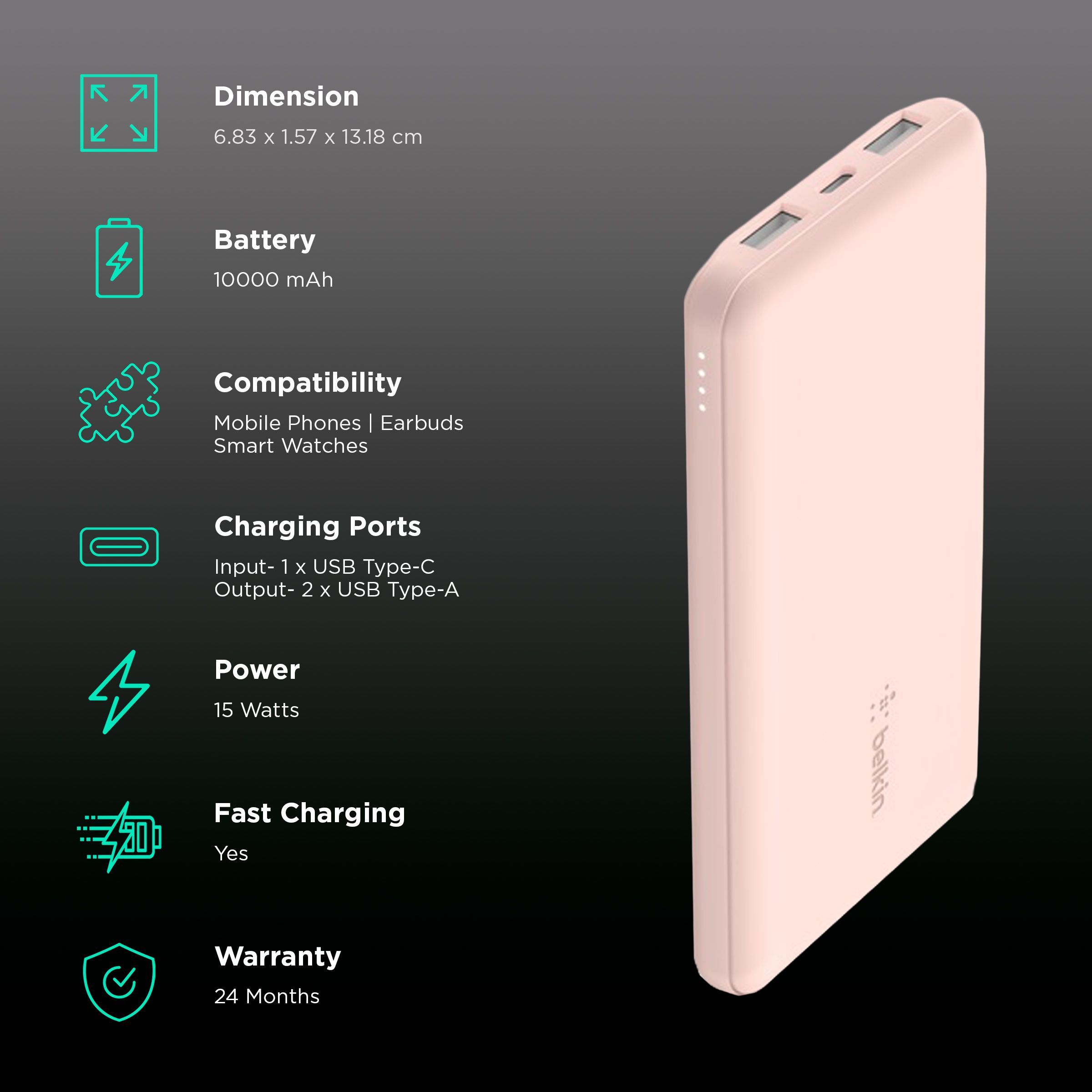 belkin Boost Charge 10000 mAh 15W Power Bank (1 Type C & 2 Type A Ports, LED Charging Indicator, Rose Gold) belkin Boost Charge 10000 mAh 15W Power Bank (1 Type C & 2 Type A Ports, LED Charging Indicator, Rose Gold)_3