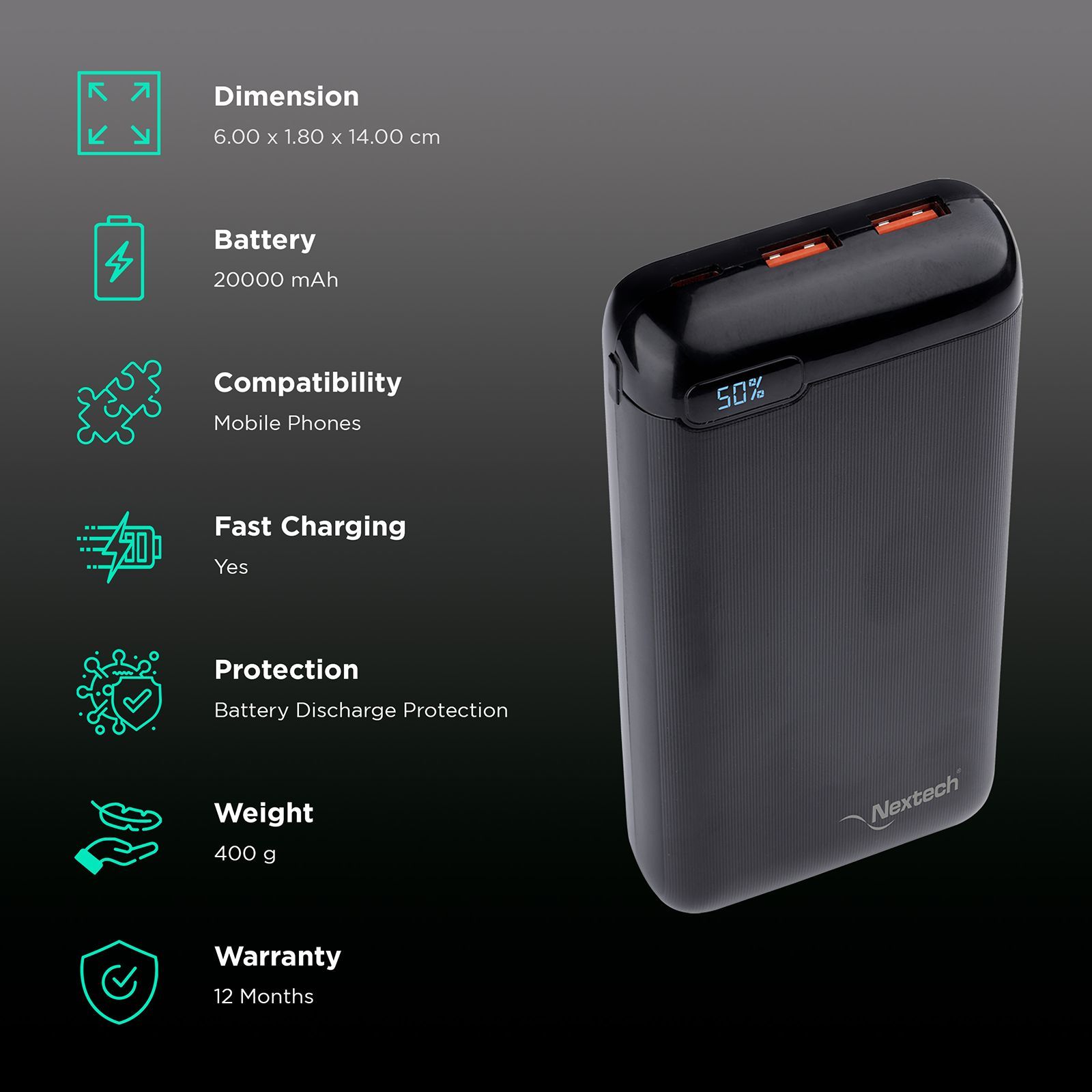 Nextech Astro 20000 mAh Power Bank (1 PD & 2 QC USB Ports, IC Controlled Circuit, Black) Nextech Astro 20000 mAh Power Bank (1 PD & 2 QC USB Ports, IC Controlled Circuit, Black)_3