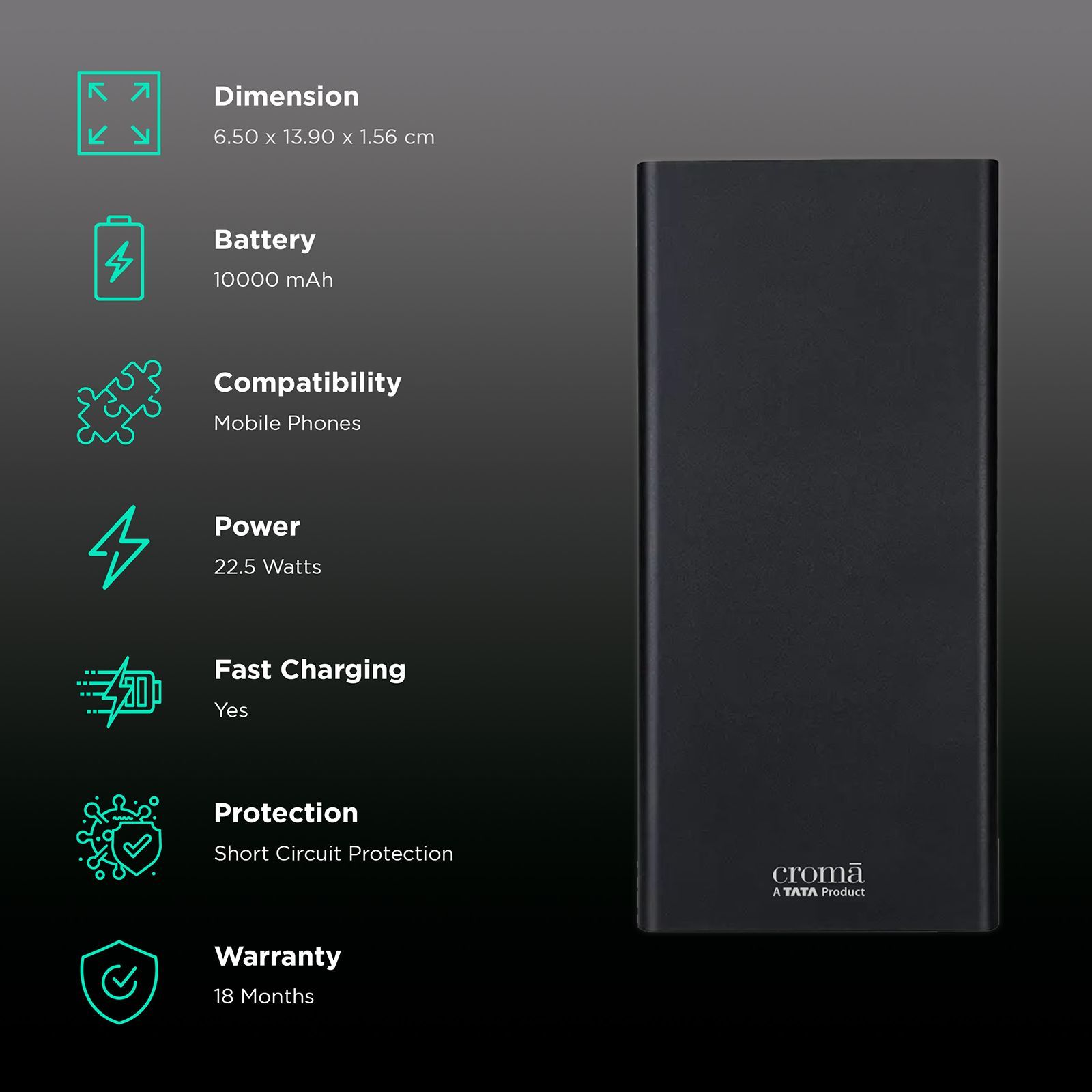 Croma 10000 mAh 22.5W Fast Charging Power Bank (2 Type A, 1 PD Type C & 1 Micro USB Port, Aluminium Casing, Apple Compatible, Black) Croma 10000 mAh 22.5W Fast Charging Power Bank (2 Type A, 1 PD Type C & 1 Micro USB Port, Aluminium Casing, Apple Compatible, Black)_2