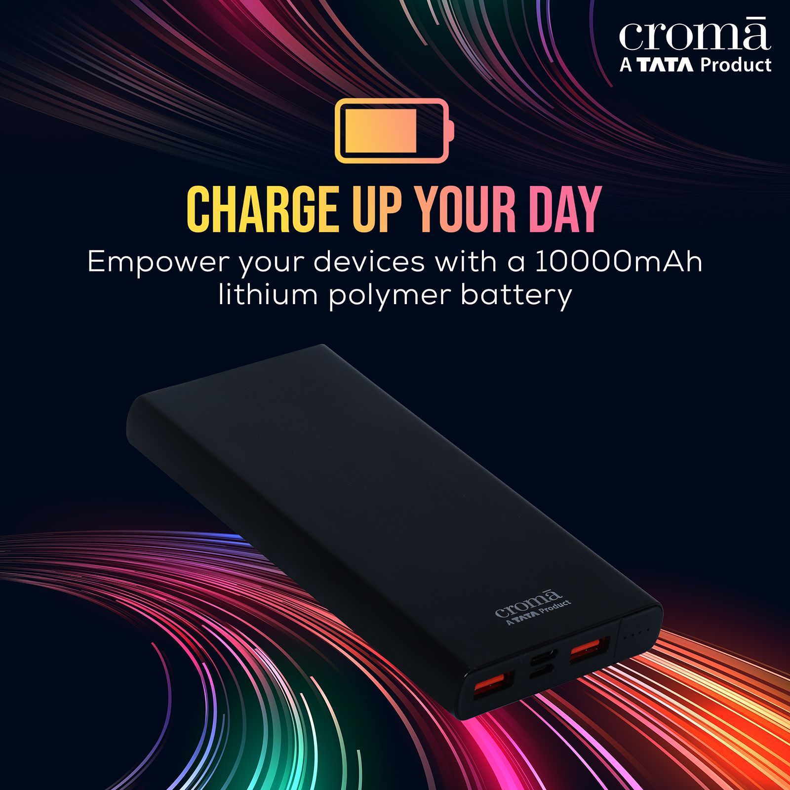 Croma 10000 mAh 22.5W Fast Charging Power Bank (2 Type A, 1 PD Type C & 1 Micro USB Port, Aluminium Casing, Apple Compatible, Black) Croma 10000 mAh 22.5W Fast Charging Power Bank (2 Type A, 1 PD Type C & 1 Micro USB Port, Aluminium Casing, Apple Compatible, Black)_5