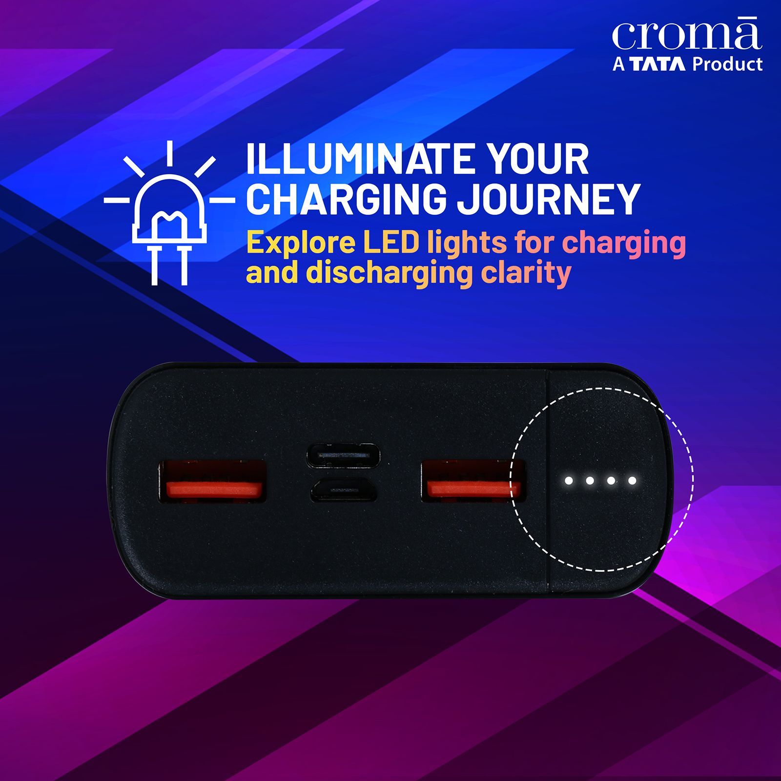 Croma 10000 mAh 22.5W Fast Charging Power Bank (2 Type A, 1 PD Type C & 1 Micro USB Port, Aluminium Casing, Apple Compatible, Black)_6