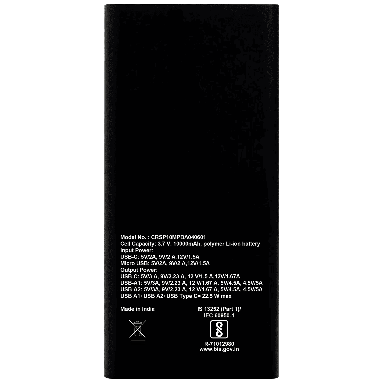 Croma 10000 mAh 22.5W Fast Charging Power Bank (2 Type A, 1 PD Type C & 1 Micro USB Port, Aluminium Casing, Apple Compatible, Black)_7