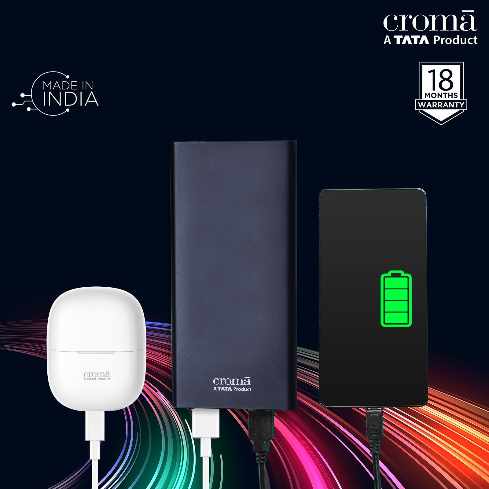 Croma 10000 mAh 22.5W Fast Charging Power Bank (2 Type A, 1 PD Type C & 1 Micro USB Port, Aluminium Casing, Apple Compatible, Black) Croma 10000 mAh 22.5W Fast Charging Power Bank (2 Type A, 1 PD Type C & 1 Micro USB Port, Aluminium Casing, Apple Compatible, Black)_9