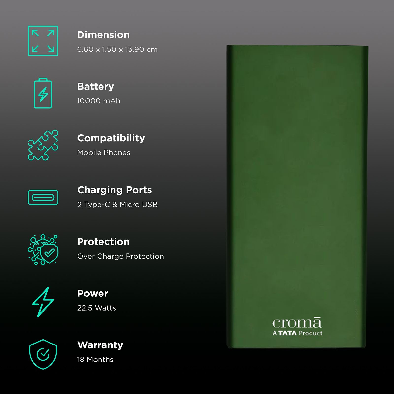 Croma 10000 mAh 22.5W Fast Charging Power Bank (2 Type A, 1 Type C Ports, 1 PD Type C & Micro USB, Aluminium Casing, Apple Compatible, Green)_2