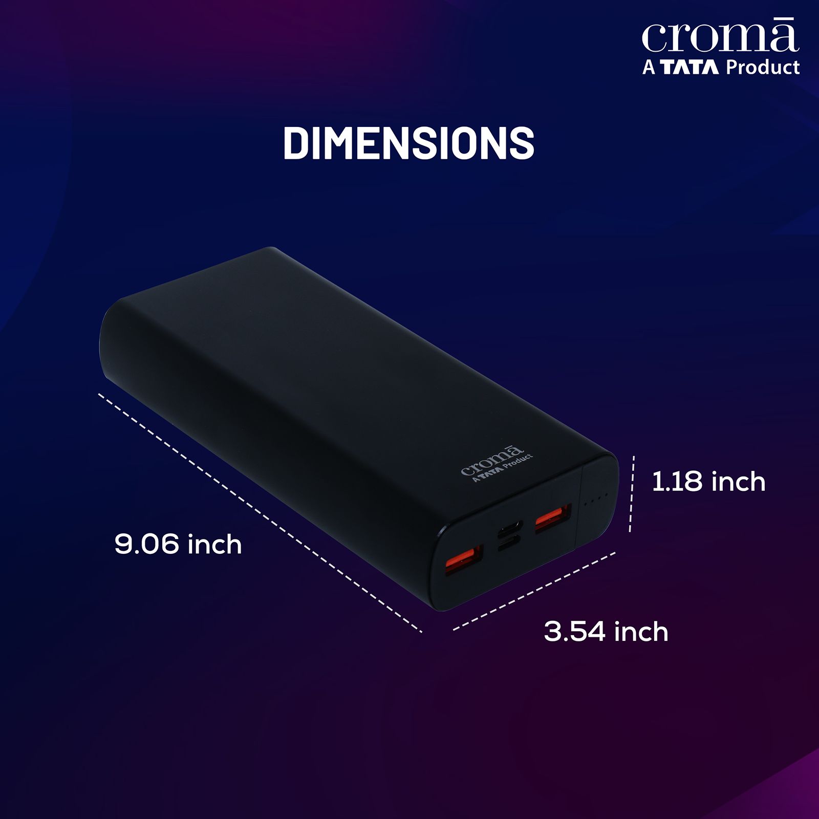 Croma 20000 mAh 22.5W Fast Charging Power Bank (2 Type A, 1 PD Type C & 1 Micro USB Port, Aluminium Casing, Apple Compatible, Black)_11