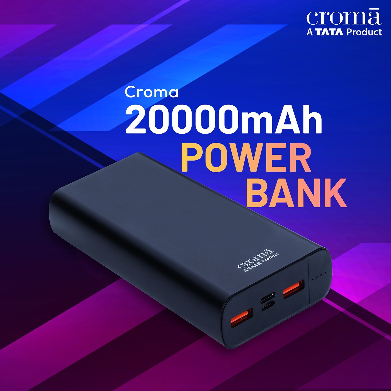 Croma 20000 mAh 22.5W Fast Charging Power Bank (2 Type A, 1 PD Type C & 1 Micro USB Port, Aluminium Casing, Apple Compatible, Black)_8