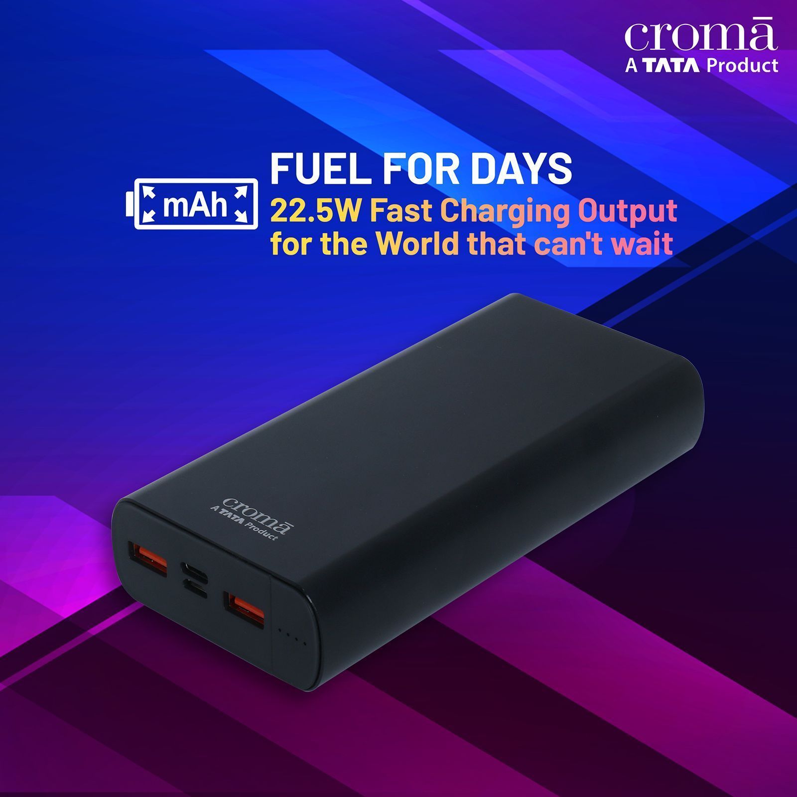 Croma 20000 mAh 22.5W Fast Charging Power Bank (2 Type A, 1 PD Type C & 1 Micro USB Port, Aluminium Casing, Apple Compatible, Black)_9