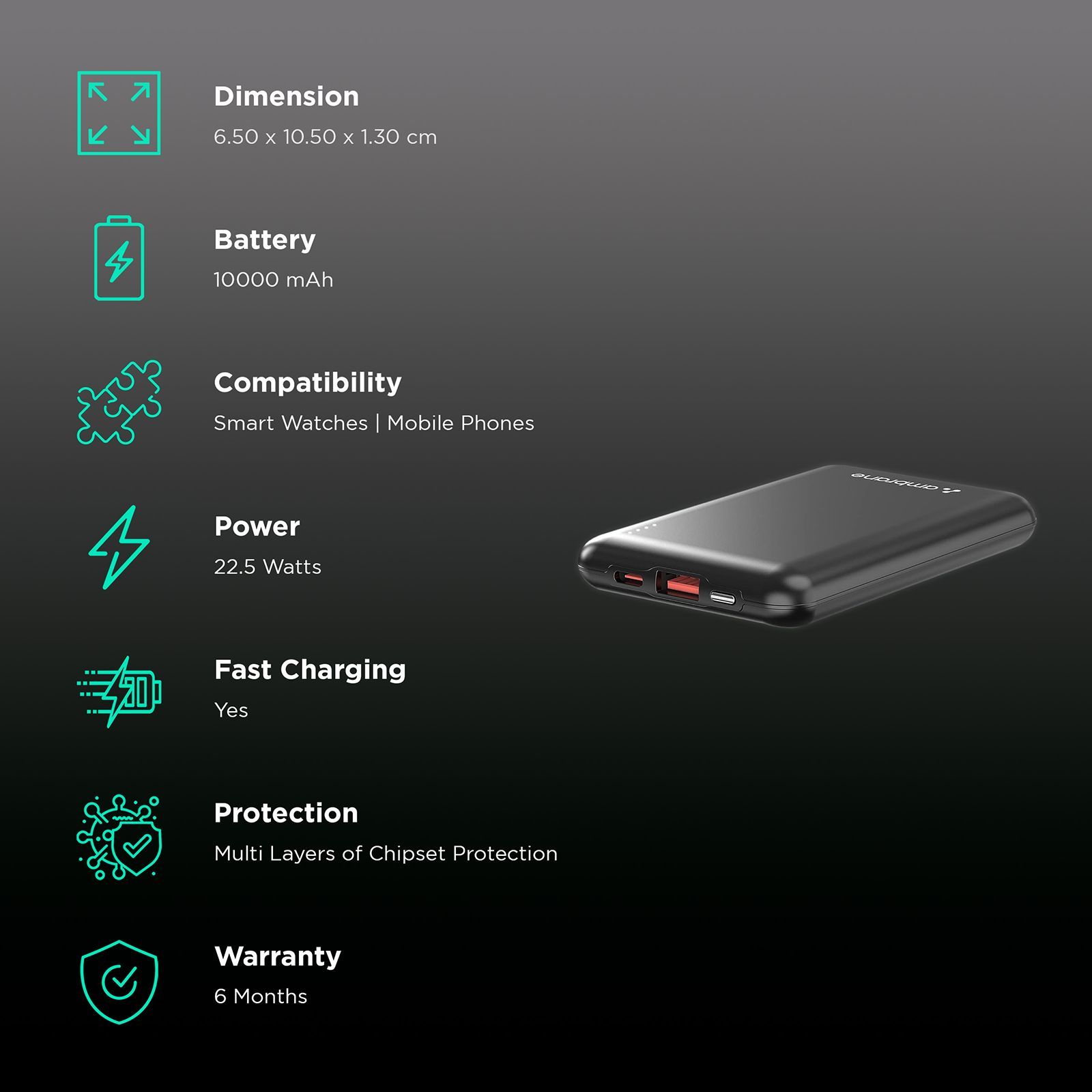 ambrane Powerlit 10000 mAh 22.5W Fast Charging Power Bank (1 Type A and 1 Type C Ports, Dual BoostedSpeed Output, Black) ambrane Powerlit 10000 mAh 22.5W Fast Charging Power Bank (1 Type A and 1 Type C Ports, Dual BoostedSpeed Output, Black)_3