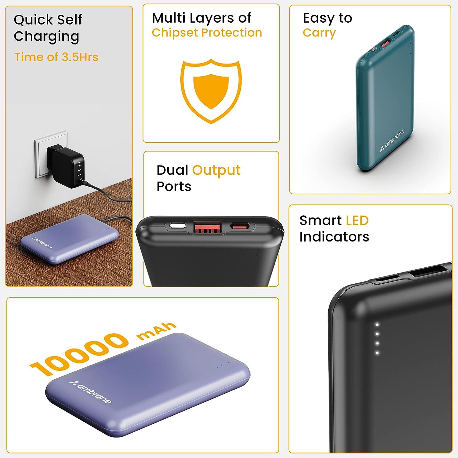 ambrane Powerlit 10000 mAh 22.5W Fast Charging Power Bank (1 Type A and 1 Type C Ports, Dual BoostedSpeed Output, Black) ambrane Powerlit 10000 mAh 22.5W Fast Charging Power Bank (1 Type A and 1 Type C Ports, Dual BoostedSpeed Output, Black)_4