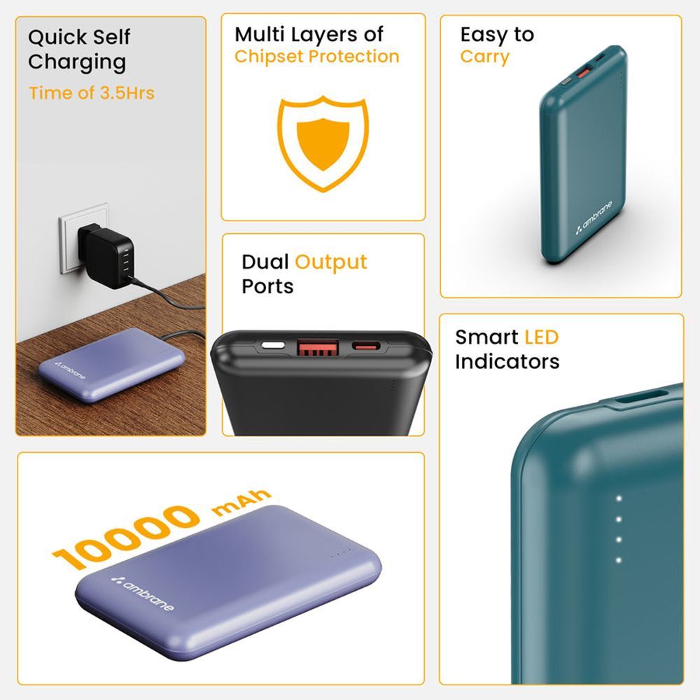 ambrane Powerlit 10000 mAh 22.5W Fast Charging Power Bank (1 Type A and 1 Type C Ports, Dual BoostedSpeed Output, Purple)_4