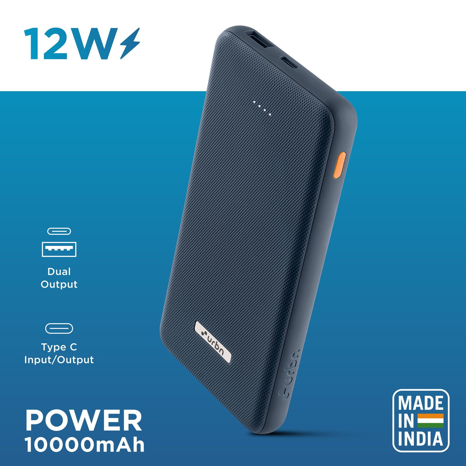urbn UPR10K 10000 mAh 12W Fast Charging Power Bank (1 USB Type A and 1 Type C Ports, Ultra Slim, Universal Compatibility, Blue)_10