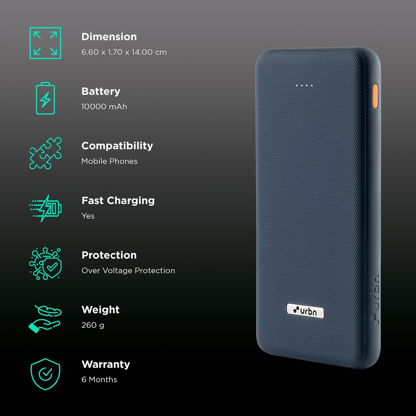 urbn UPR10K 10000 mAh 12W Fast Charging Power Bank (1 USB Type A and 1 Type C Ports, Ultra Slim, Universal Compatibility, Blue)_3