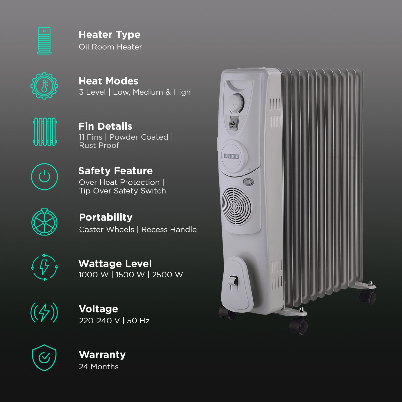 USHA 4211 F 2500W PTC Oil Filled Radiator Room Heater with IP23 Protection (Adjustable Thermostat_3