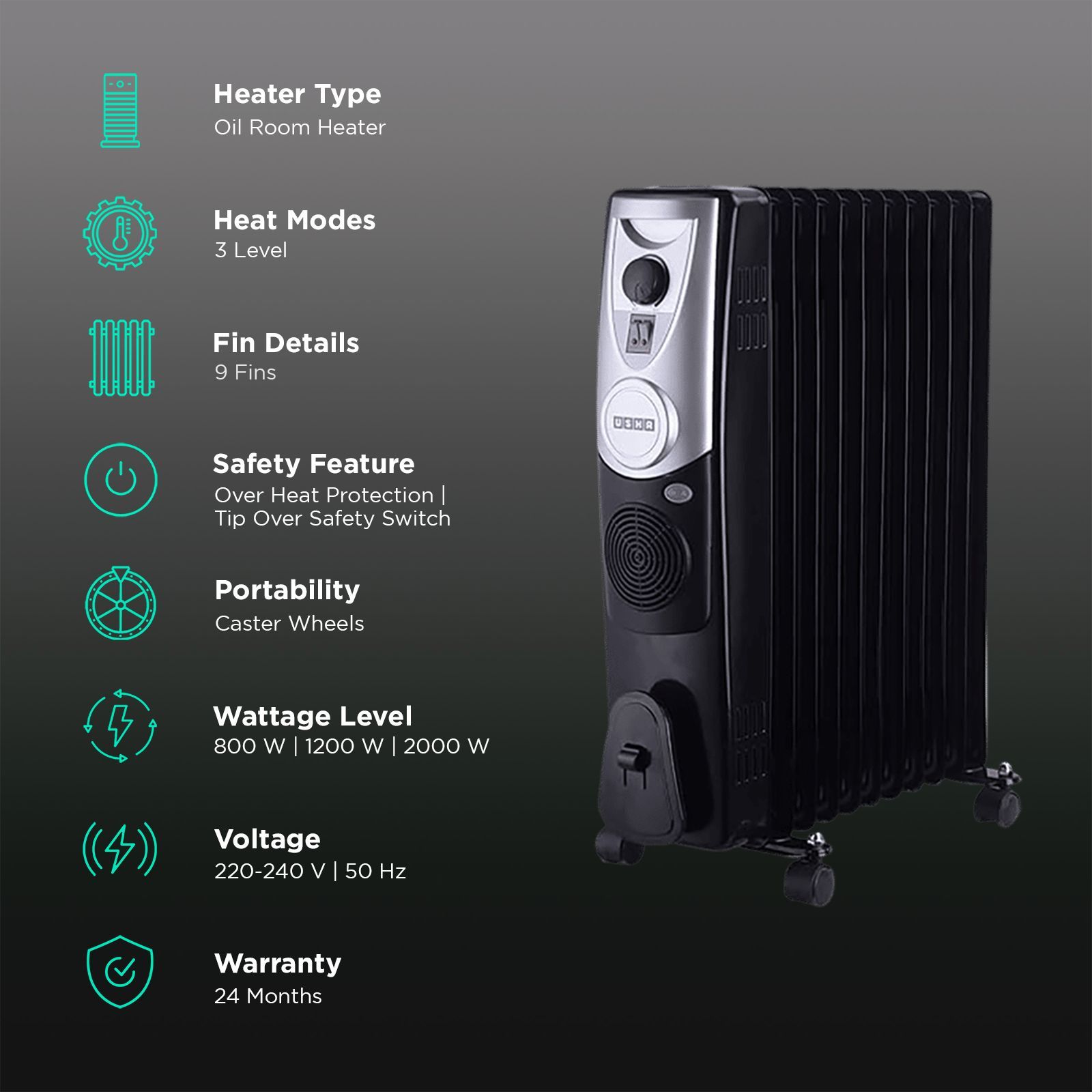 USHA 4209 F 2400W PTC Oil Filled Radiator Room Heater with Rust Protection (Adjustable Thermostat_3