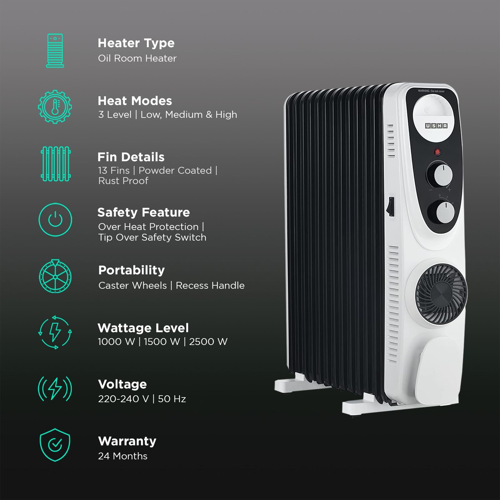 USHA 4213 F 2500W PTC Oil Filled Radiator Room Heater with IP23 Protection (Adjustable Thermostat_3