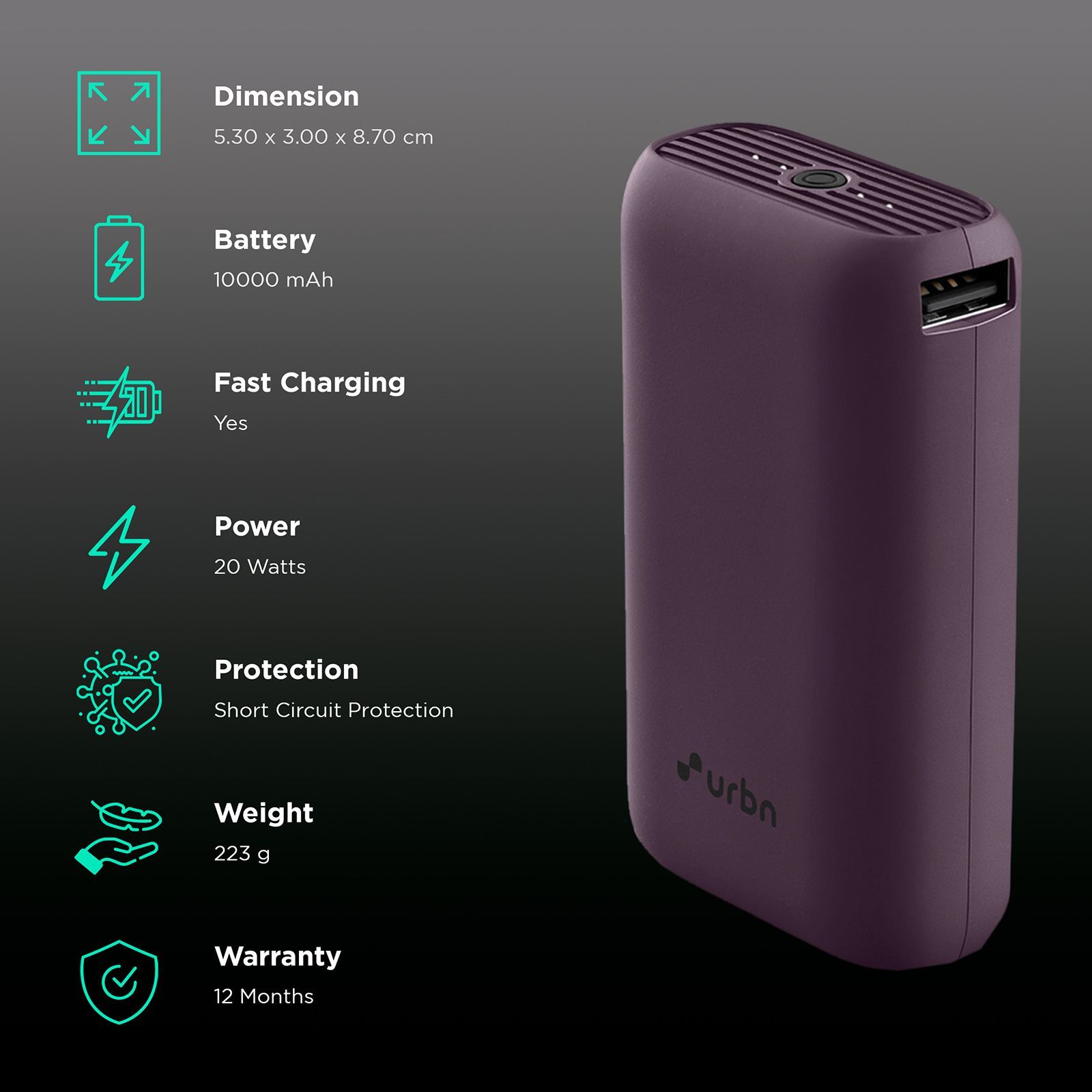 urbn 10000 mAh 20W Fast Charging Power Bank (2 Type C Ports, 12 Layers Circuit Protection, Purple)_3