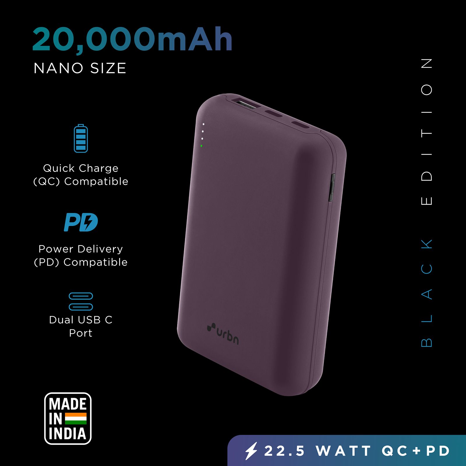 urbn 20000 mAh 22.5W Fast Charging Power Bank (2 Type C & 1 Type A Ports, 12 Layers Circuit Protection, Purple) urbn 20000 mAh 22.5W Fast Charging Power Bank (2 Type C & 1 Type A Ports, 12 Layers Circuit Protection, Purple)_11