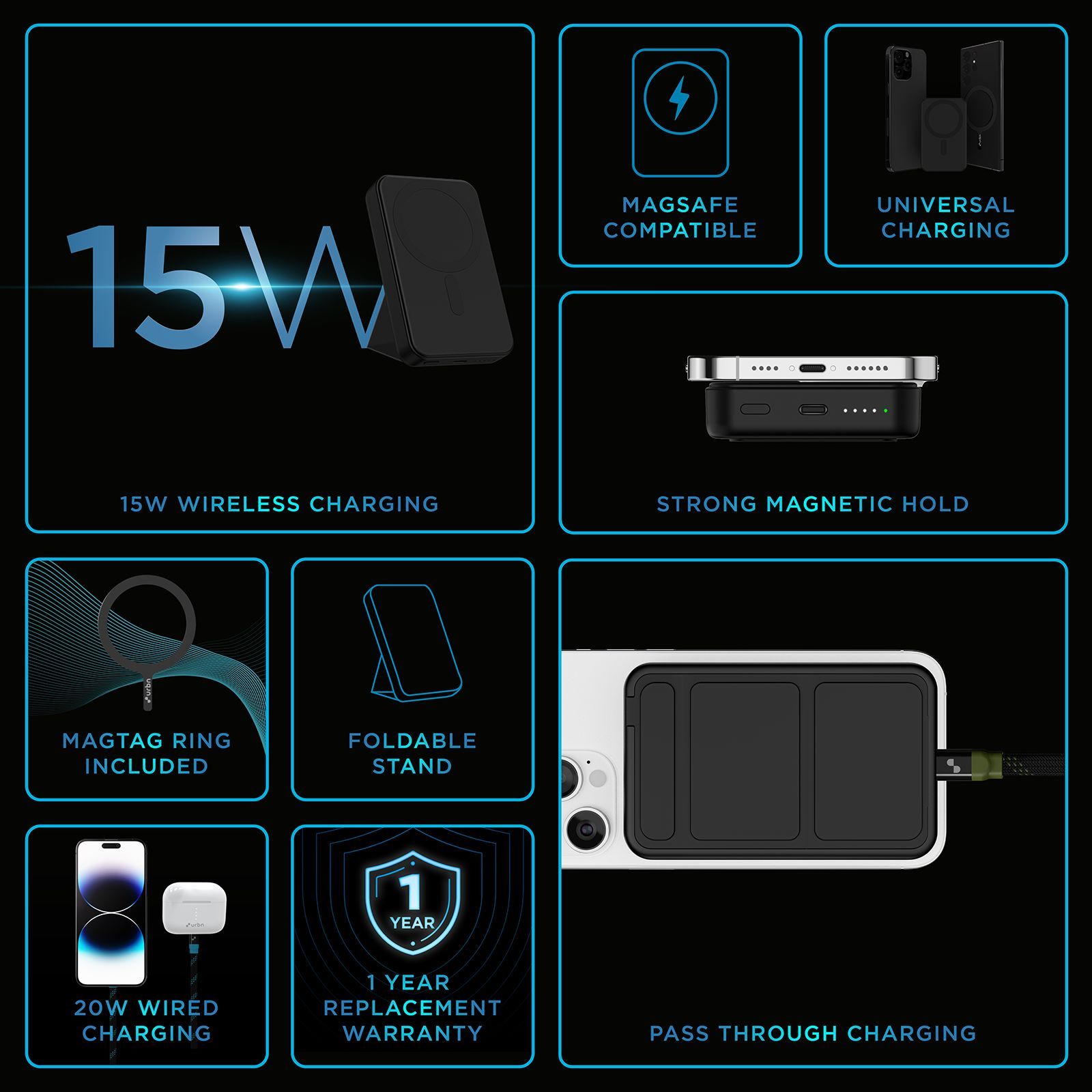 urbn MagTag 10000 mAh 20W Fast Charging Power Bank (2 Type C Ports, Wireless Charging with Stand, Black)_10