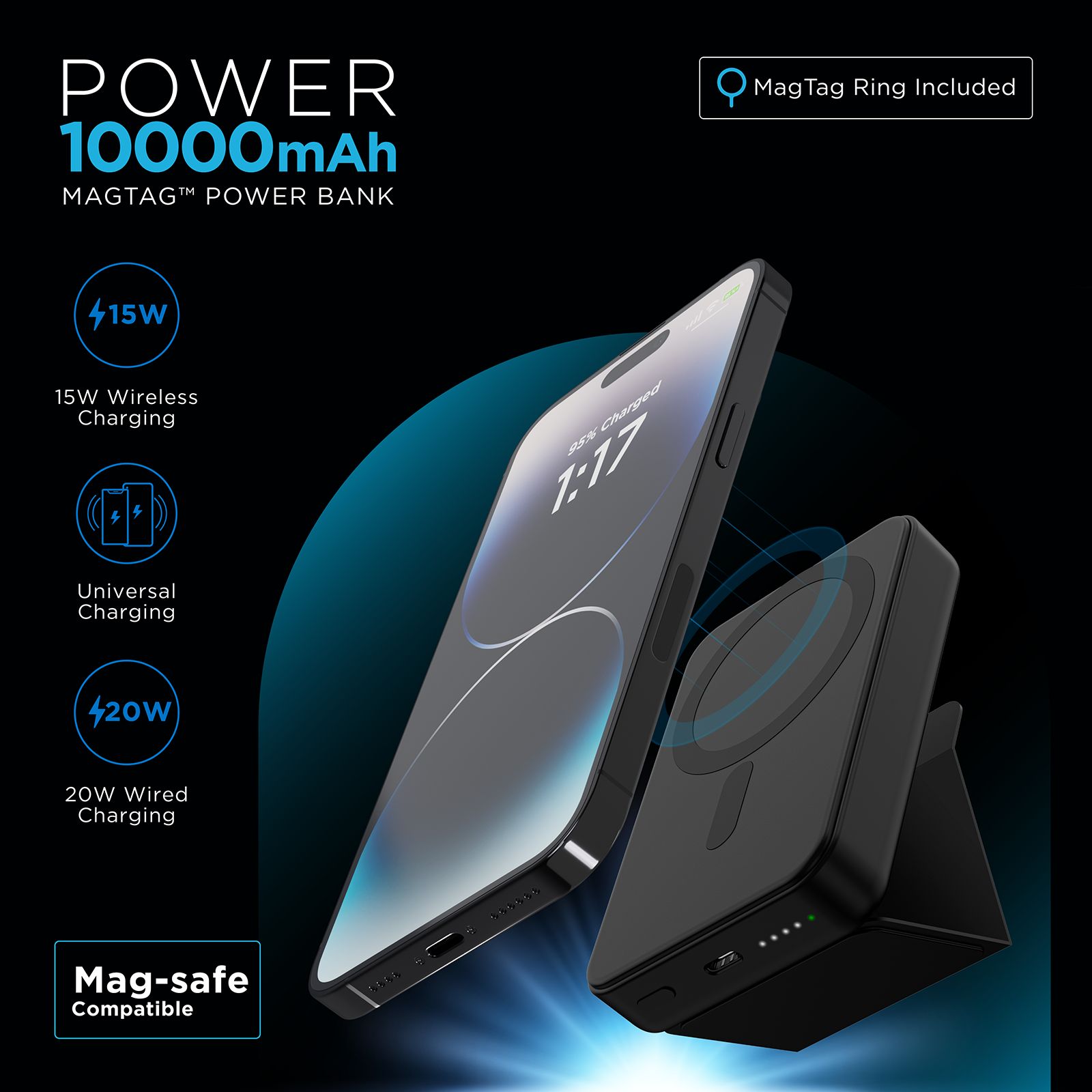 urbn MagTag 10000 mAh 20W Fast Charging Power Bank (2 Type C Ports, Wireless Charging with Stand, Black)_11