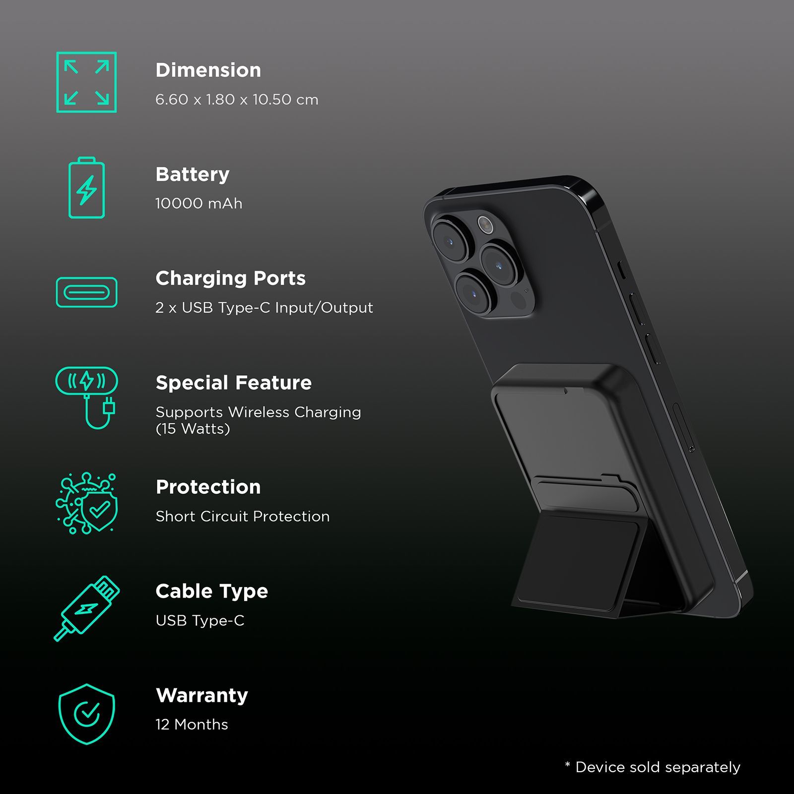 urbn MagTag 10000 mAh 20W Fast Charging Power Bank (2 Type C Ports, Wireless Charging with Stand, Black)_2