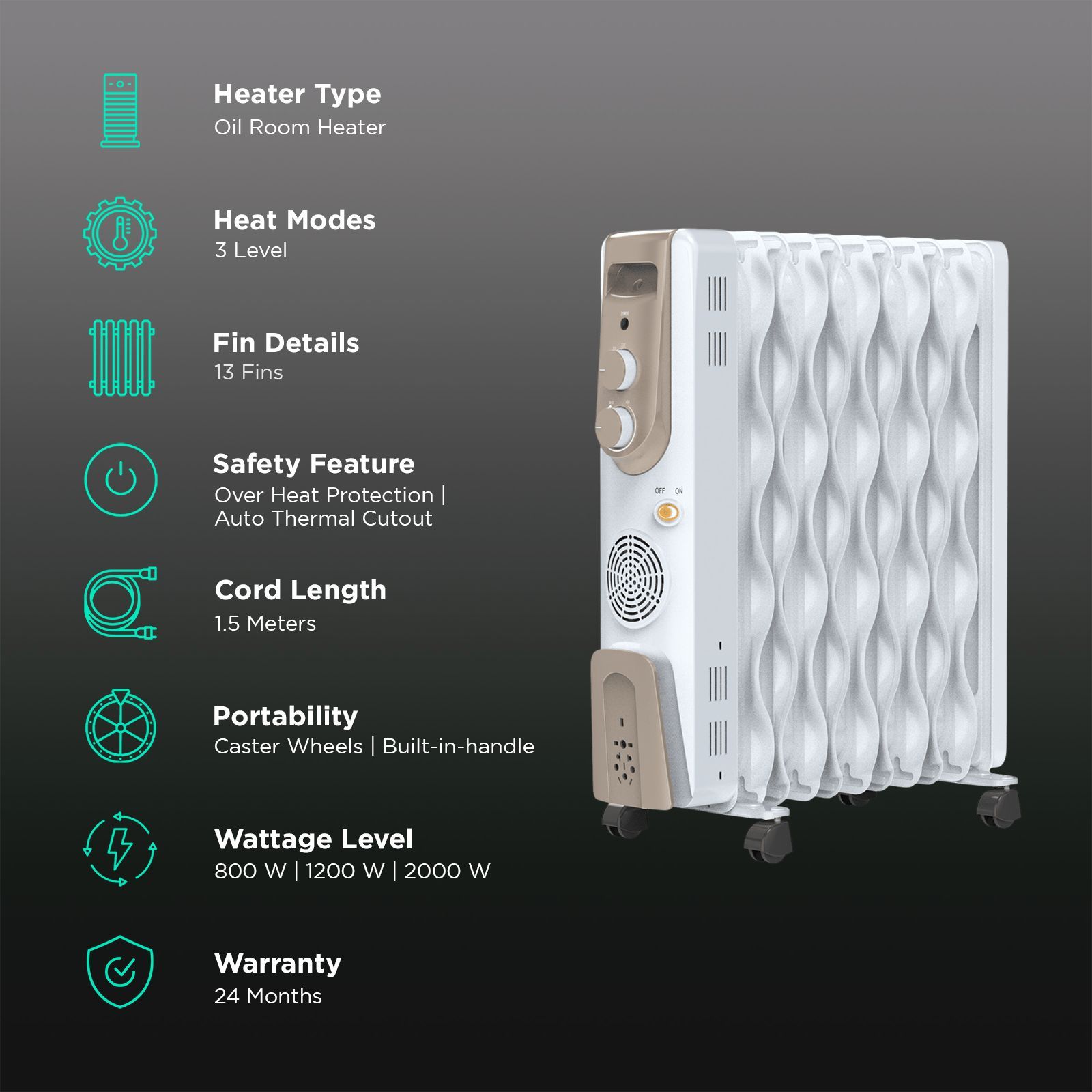 BAJAJ Vienna OFR 9F 2000W Oil Filled Radiator Room Heater with Automatic Thermal Cutout (Adjustable Thermostat_3