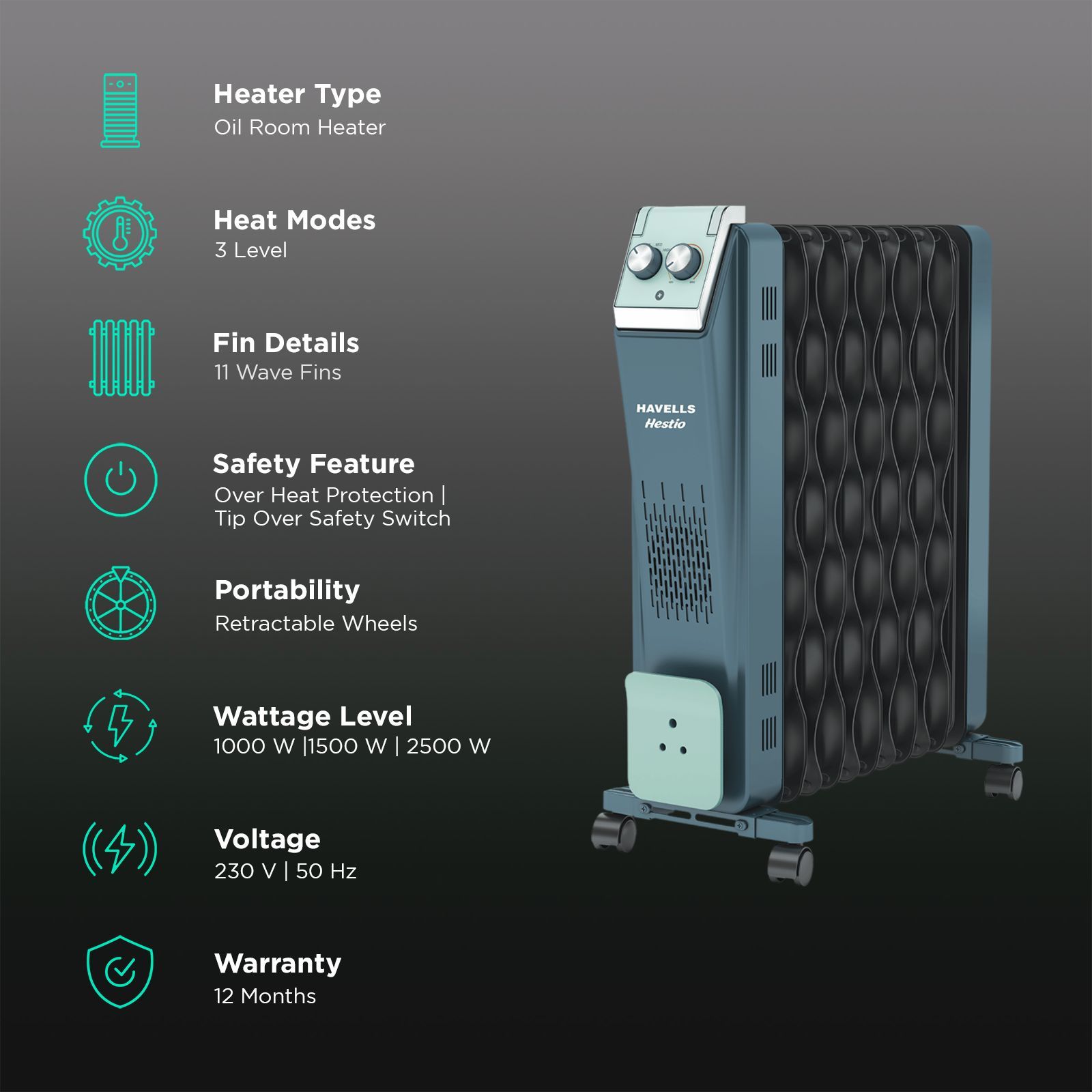 HAVELLS Hestio 2900W PTC Fan Oil Filled Radiator Room Heater with 11 Wave Fins (Thermostatic Heat Control_3