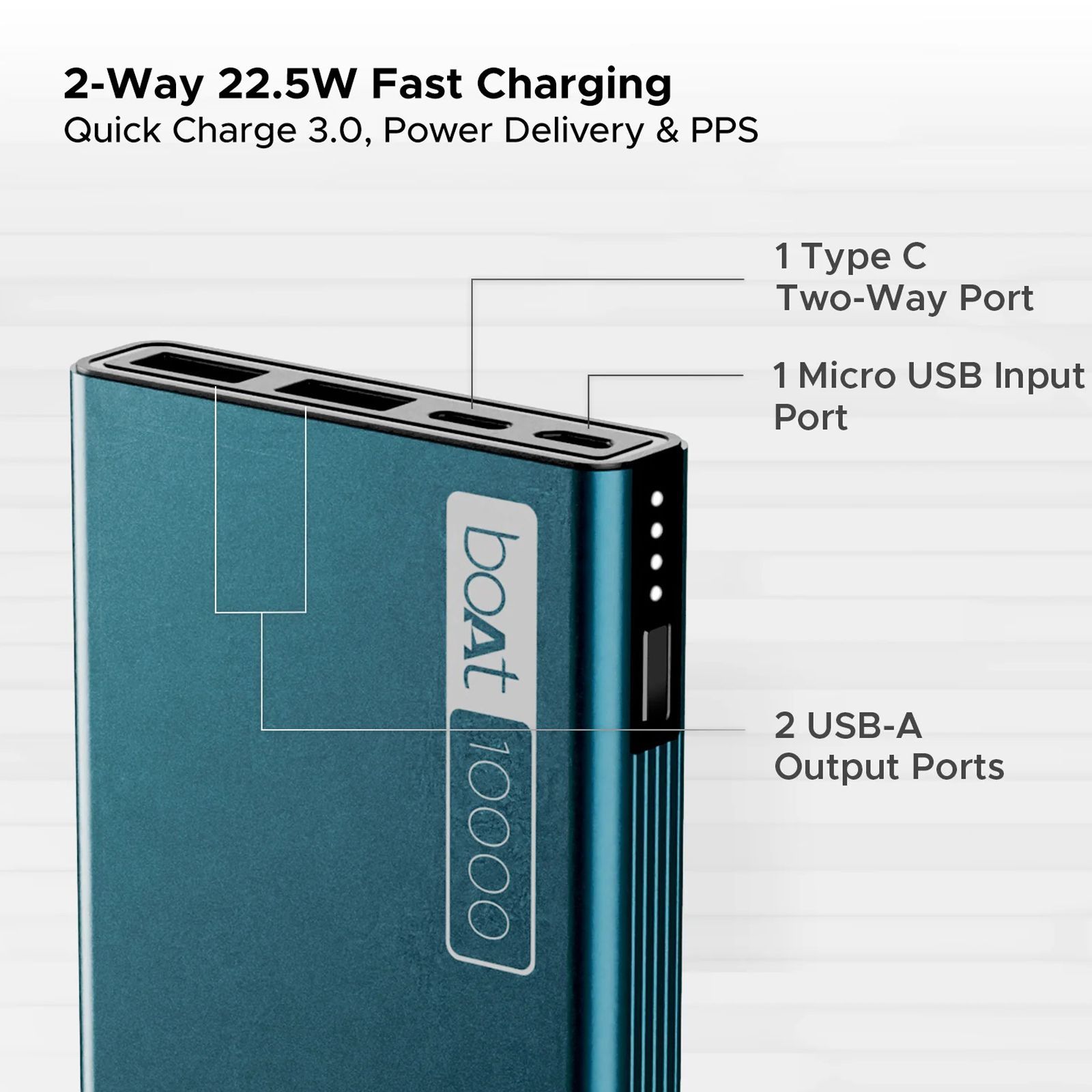 boAt Energyshroom PB300 10000 mAh 22.5W Fast Charging Power Bank (2 Type A, 1 Micro USB & 1 Type C Ports, Sleek Aluminium Casing, LED Indicators, Steel Blue)_4