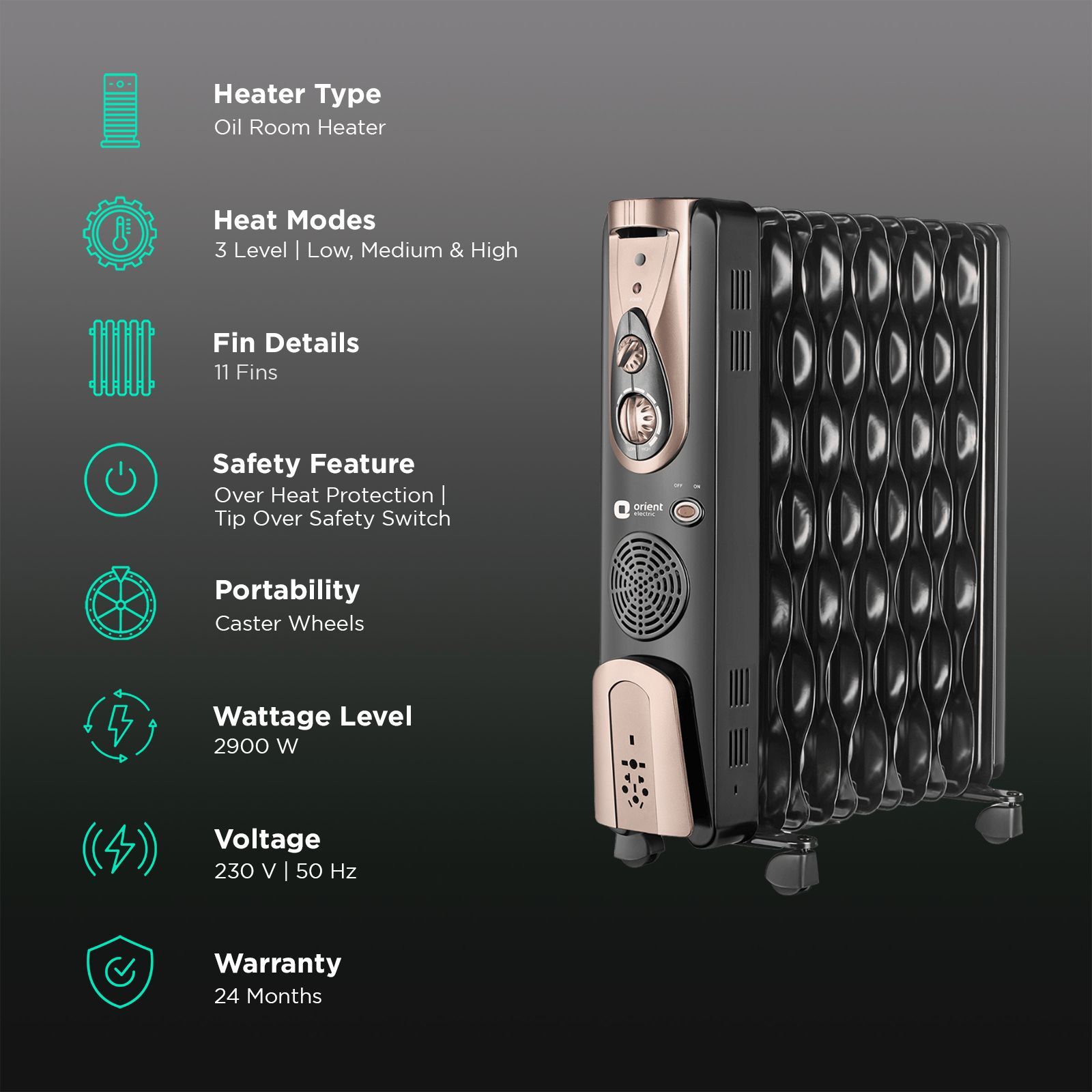 Orient Comforter Collection 2900W PTC Fan Oil Filled Radiator Room Heater with 13 Fins (Auto Shut-off_3