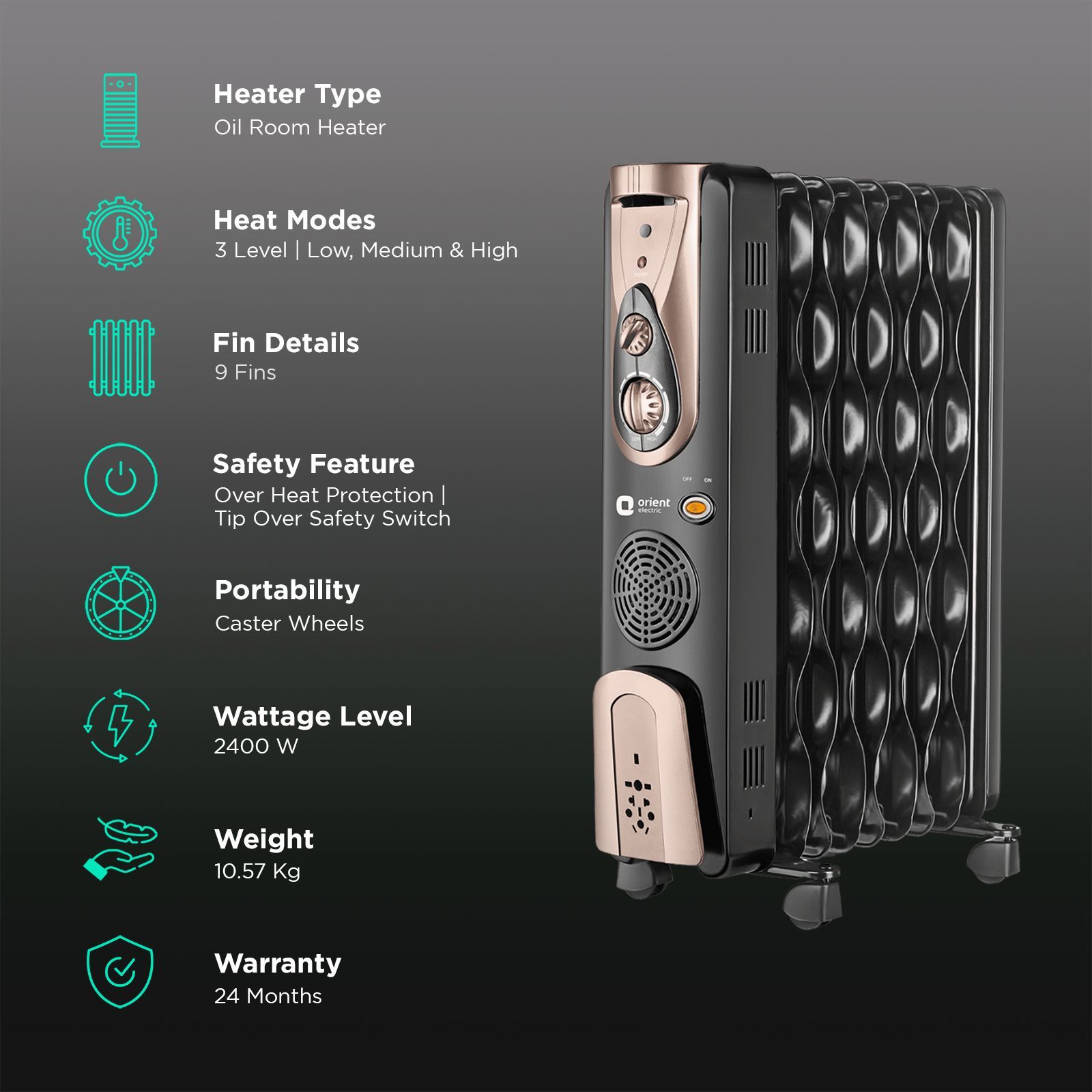 Orient Comforter Collection 2400W PTC Fan Oil Filled Radiator Room Heater with 9 Fins (Auto Shut-off_3