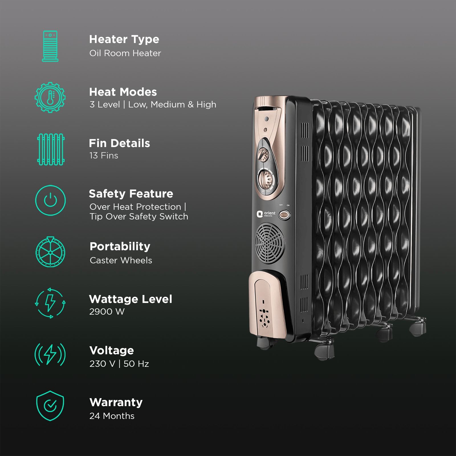 Orient Comforter Collection 2900W PTC Fan Oil Filled Radiator Room Heater with 13 Fins (Auto Shut-off_3