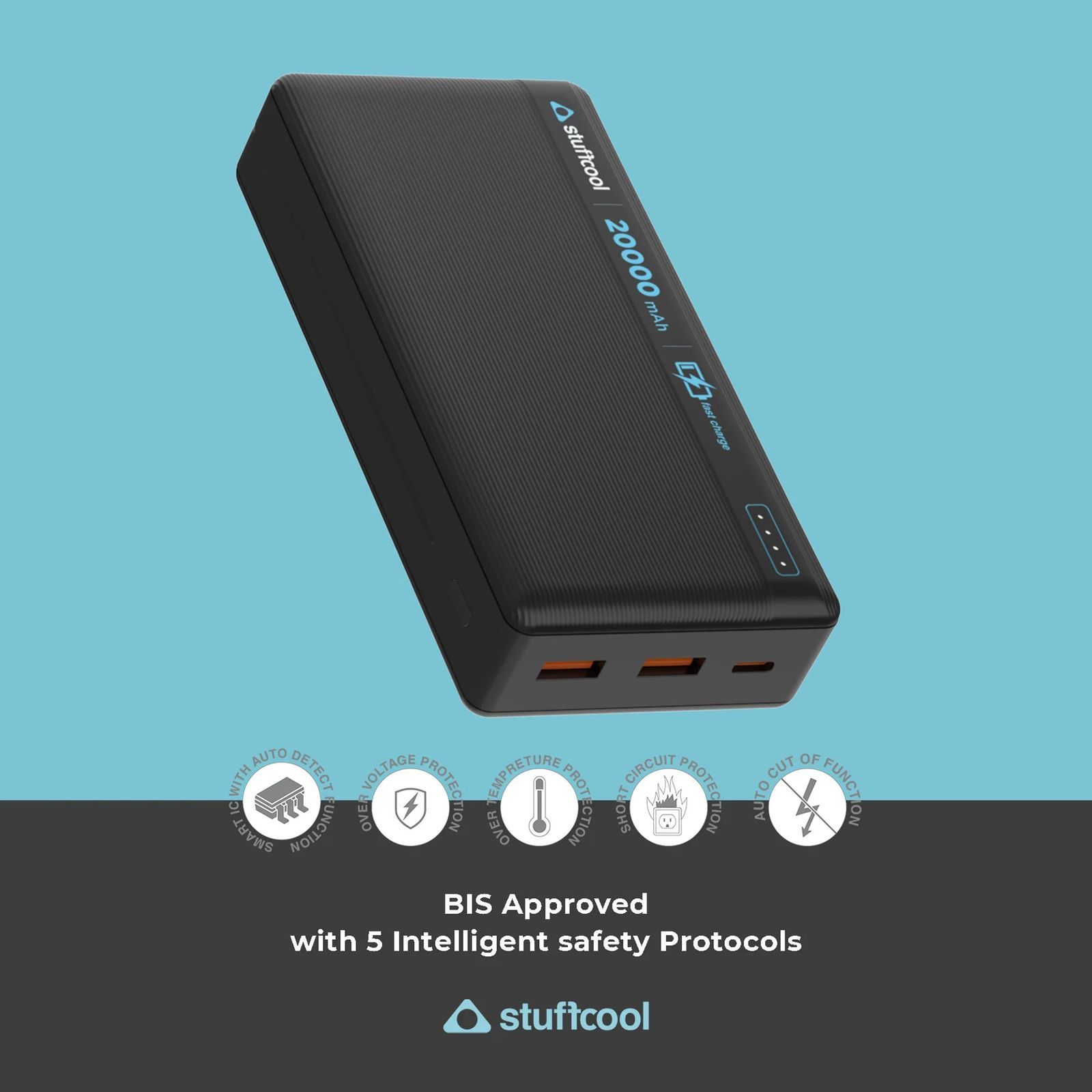 stuffcool Major Plus 20000 mAh 22.5W Fast Charging Power Bank (2 Type A, 1 Micro USB and 1 Type C Port, Short Circuit Protection, Black)_5
