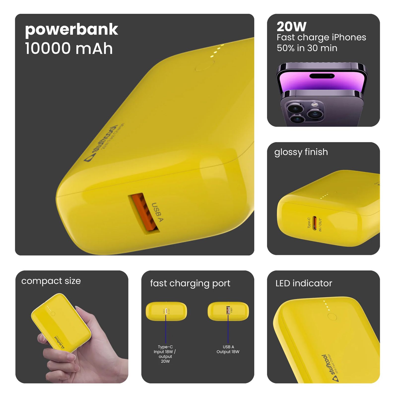 stuffcool Palm Smallest 10000 mAh 22.5W Fast Charging Power Bank (1 Type A and 1 Type C Ports, LED Indicator, Yellow)_2
