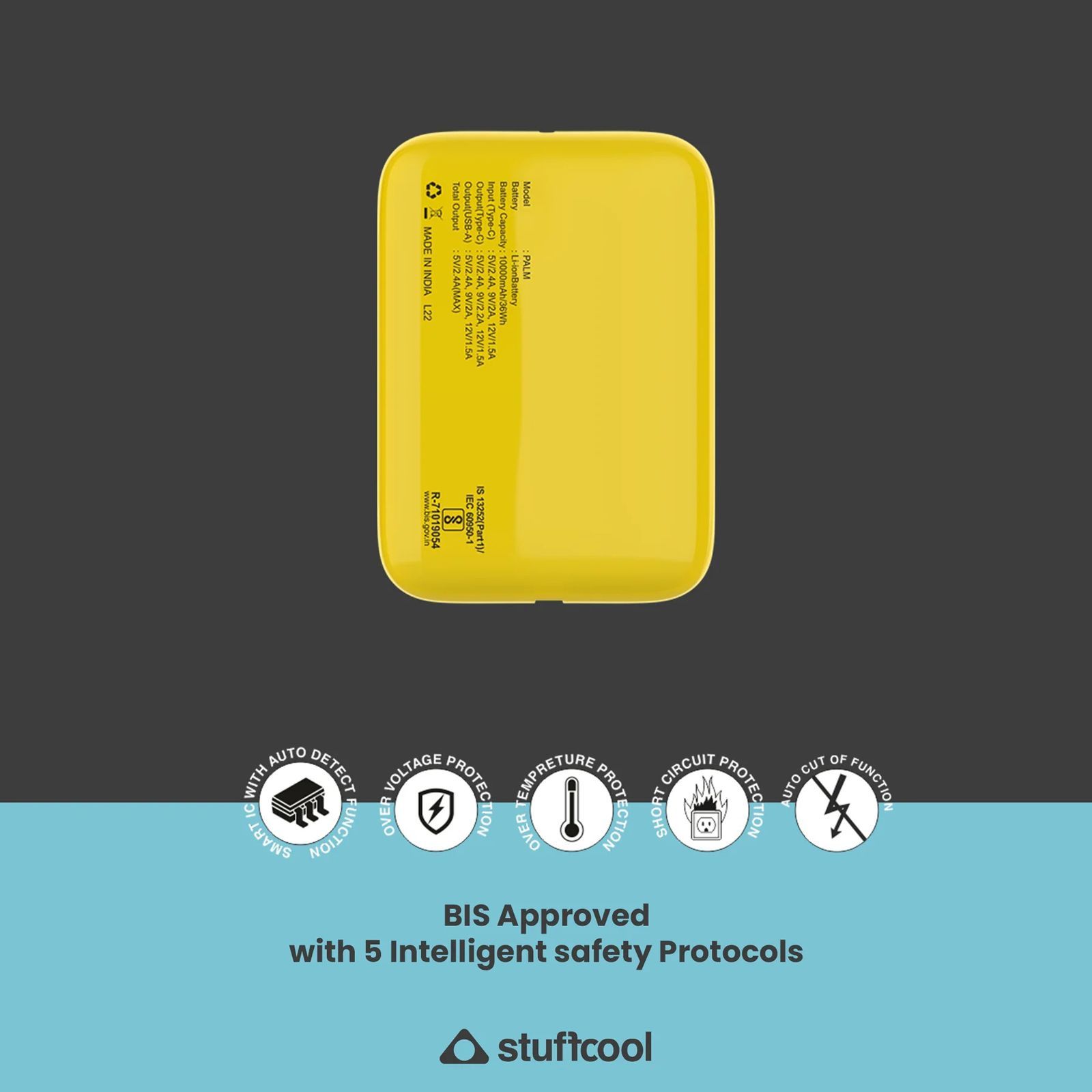 stuffcool Palm Smallest 10000 mAh 22.5W Fast Charging Power Bank (1 Type A and 1 Type C Ports, LED Indicator, Yellow)_3