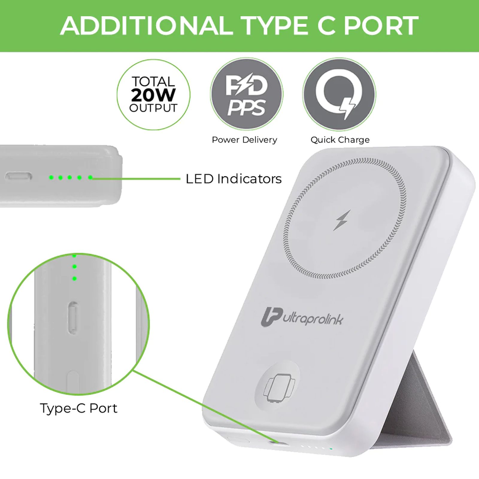 ultraprolink Juice Up Mag 10000 mAh 20W Fast Charging Power Bank (1 Type C Ports, Wireless Charging, White)_5