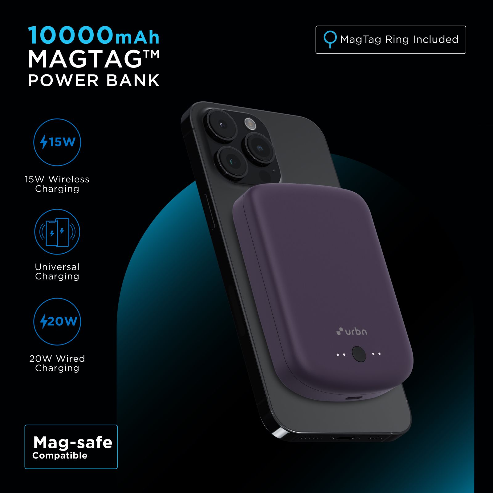 urbn Compact MagTag 10000 mAh 15W Fast Charging Power Bank (1 Type C Ports, MagSafe Compatible, Purple) urbn Compact MagTag 10000 mAh 15W Fast Charging Power Bank (1 Type C Ports, MagSafe Compatible, Purple)_4