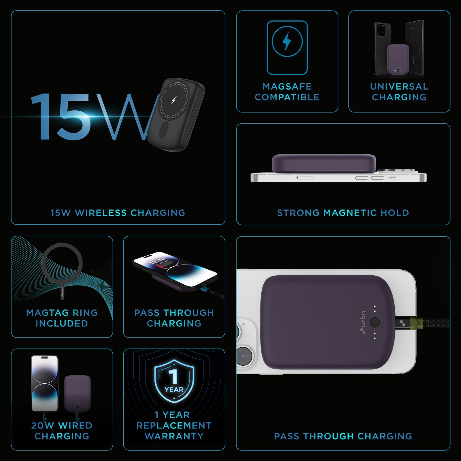 urbn Compact MagTag 10000 mAh 15W Fast Charging Power Bank (1 Type C Ports, MagSafe Compatible, Purple) urbn Compact MagTag 10000 mAh 15W Fast Charging Power Bank (1 Type C Ports, MagSafe Compatible, Purple)_5