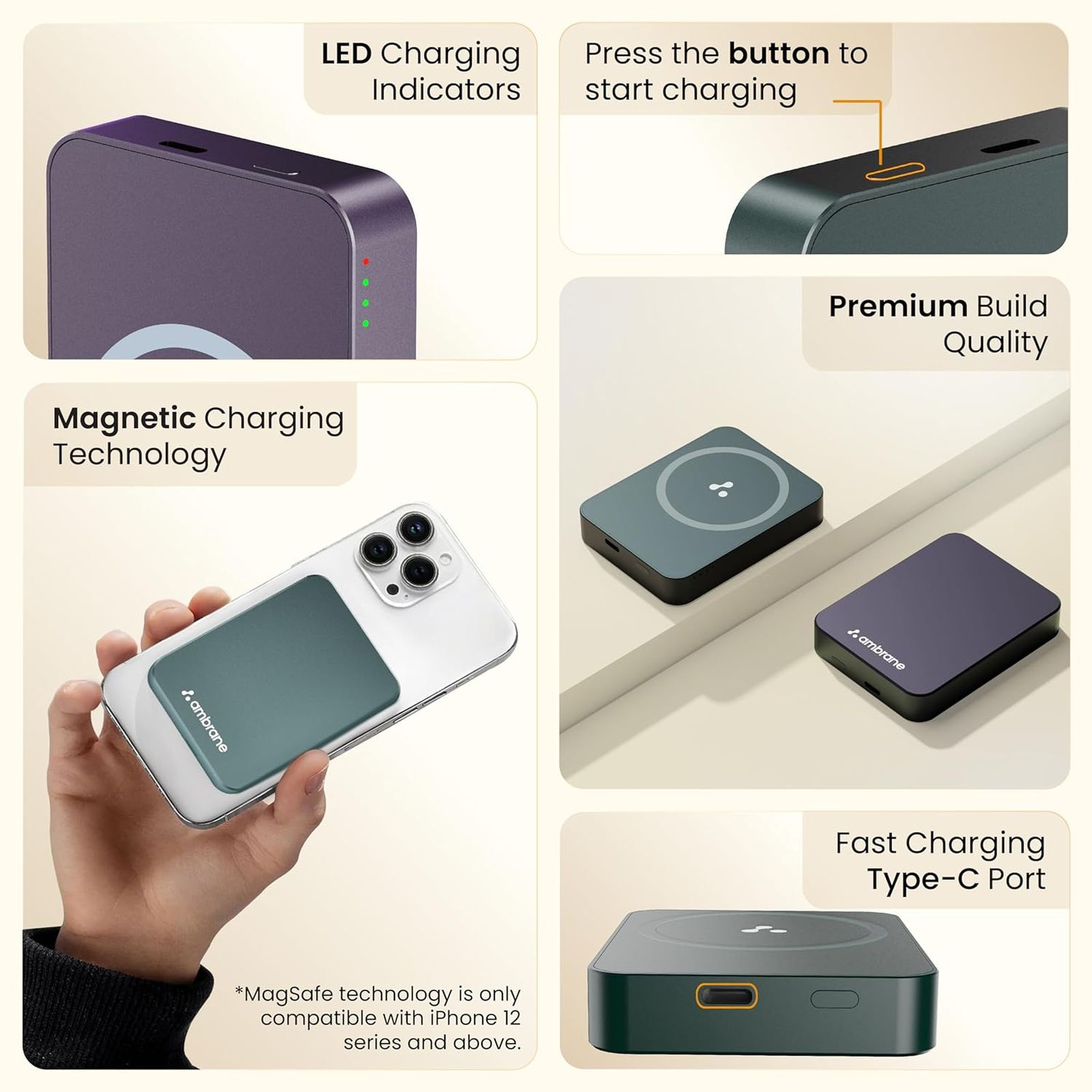 ambrane Aerosync PB 5 5000 mAh 20W Fast Charging Power Bank (1 Type C Ports, Premium Metal Casing, Magsafe Compatibility, Green)_6