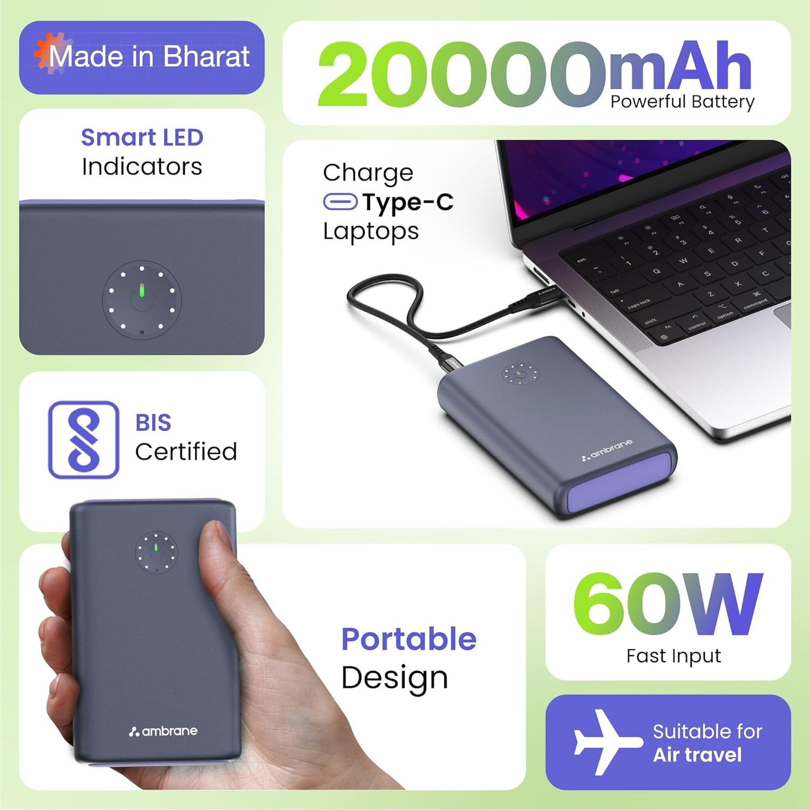 ambrane Powerlit Ultra Lite 20000 mAh 85W Fast Charging Power Bank (2 Type C & 1 Type A Ports, Multi Layers of Chipset Protection, Black)_10