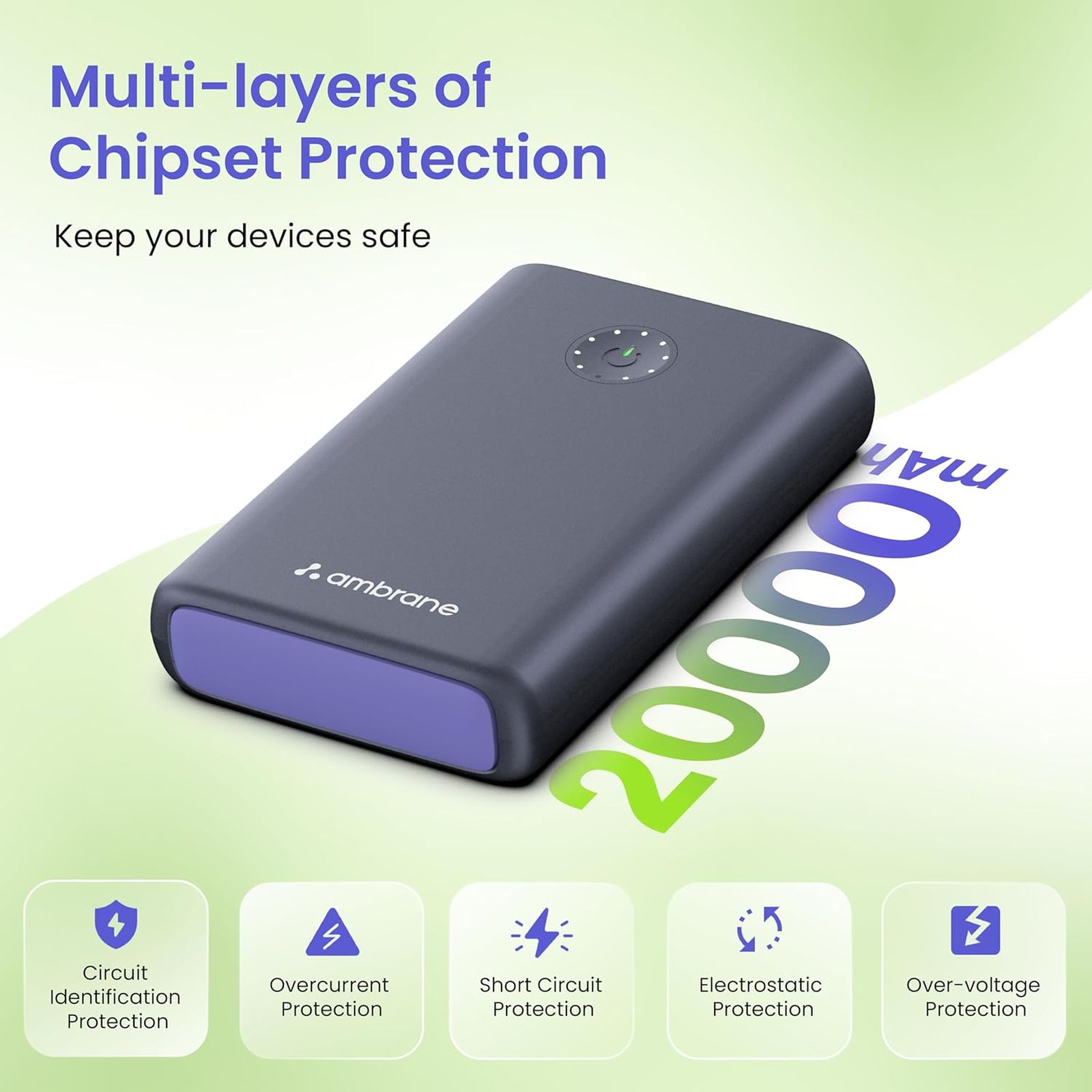 ambrane Powerlit Ultra Lite 20000 mAh 85W Fast Charging Power Bank (2 Type C & 1 Type A Ports, Multi Layers of Chipset Protection, Black)_6