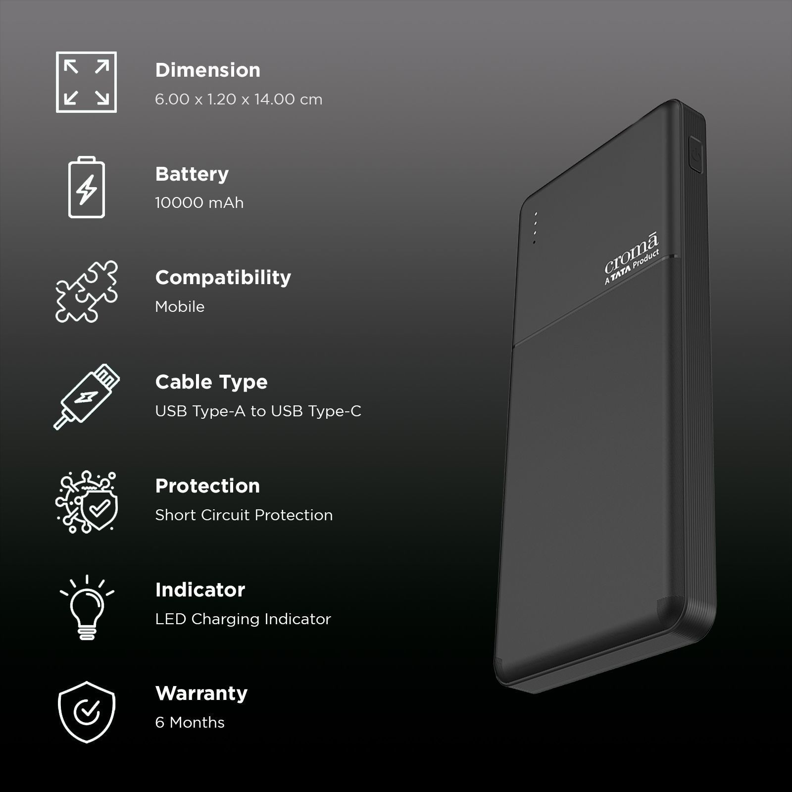 Croma 10000 mAh 22.5W Fast Charging Power Bank (2 Type A & 1 Type C Ports, Multi Layer Protection, Black) Croma 10000 mAh 22.5W Fast Charging Power Bank (2 Type A & 1 Type C Ports, Multi Layer Protection, Black)_2