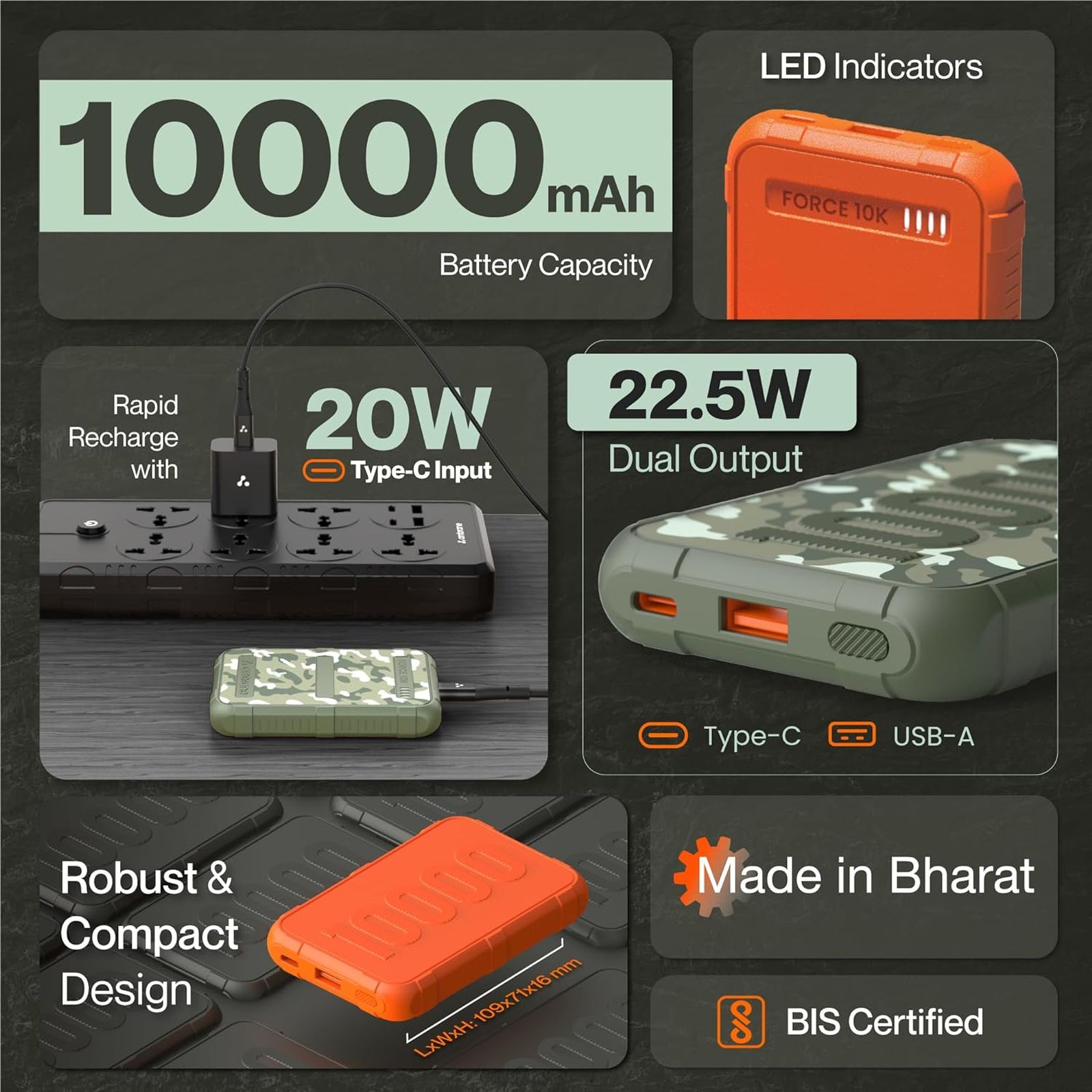 ambrane Force 10000 mAh 22.5W Fast Charging Power Bank (1 Type C & 1 Type A Ports, Multi-Layers of Chipset Protection, Orange)_4