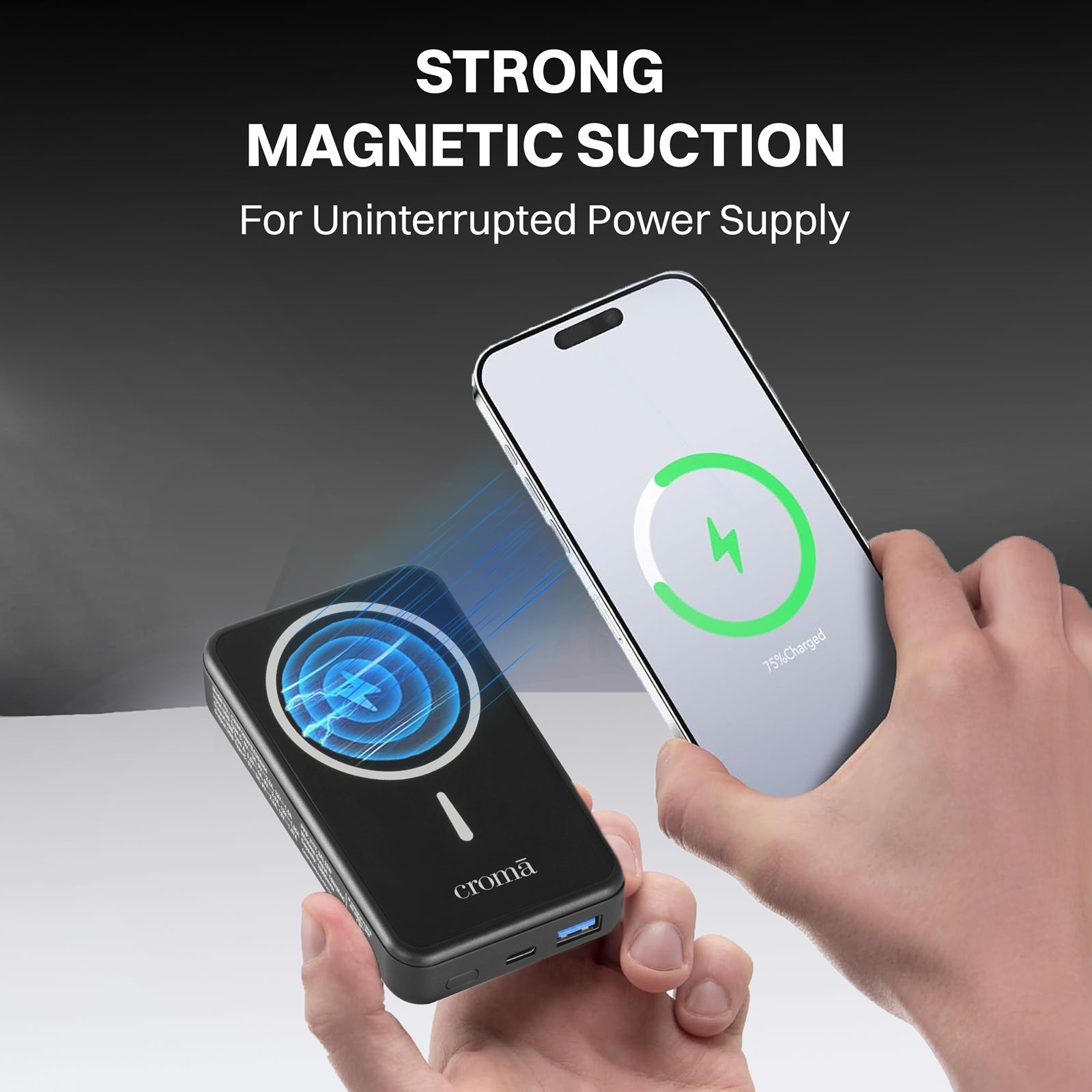 Croma 10000 mAh 22.5W Fast Charging Magnetic Wireless Power Bank (1 Type A & 1 Type C Ports, Metal Casing, Multi Layer Protection, Black)_6