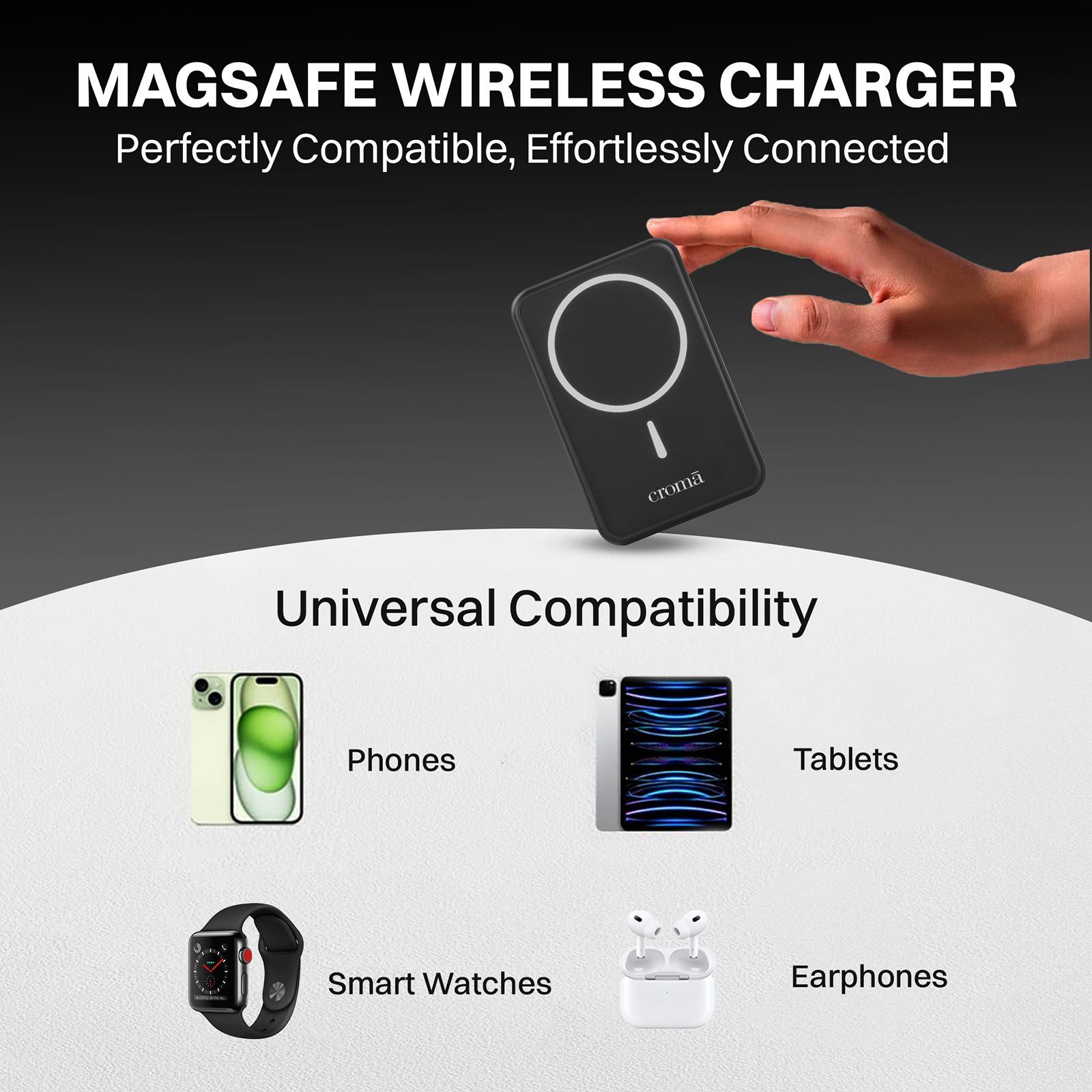 Croma 10000 mAh 22.5W Fast Charging Magnetic Wireless Power Bank (1 Type A & 1 Type C Ports, Metal Casing, Multi Layer Protection, Black)_9