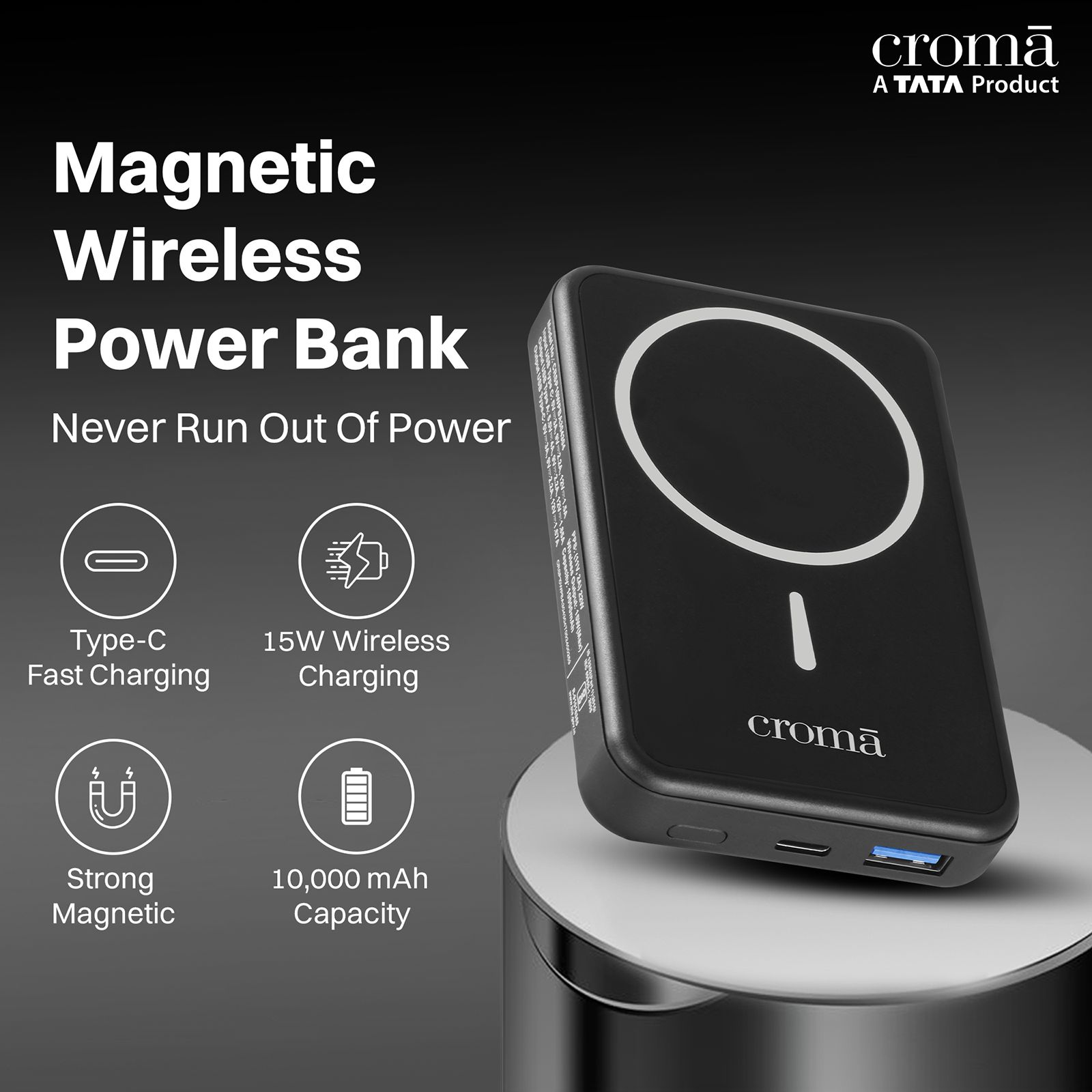 Croma 10000 mAh 22.5W Fast Charging Magnetic Wireless Power Bank (1 Type A & 1 Type C Ports, Metal Casing, Multi Layer Protection, Black)_5