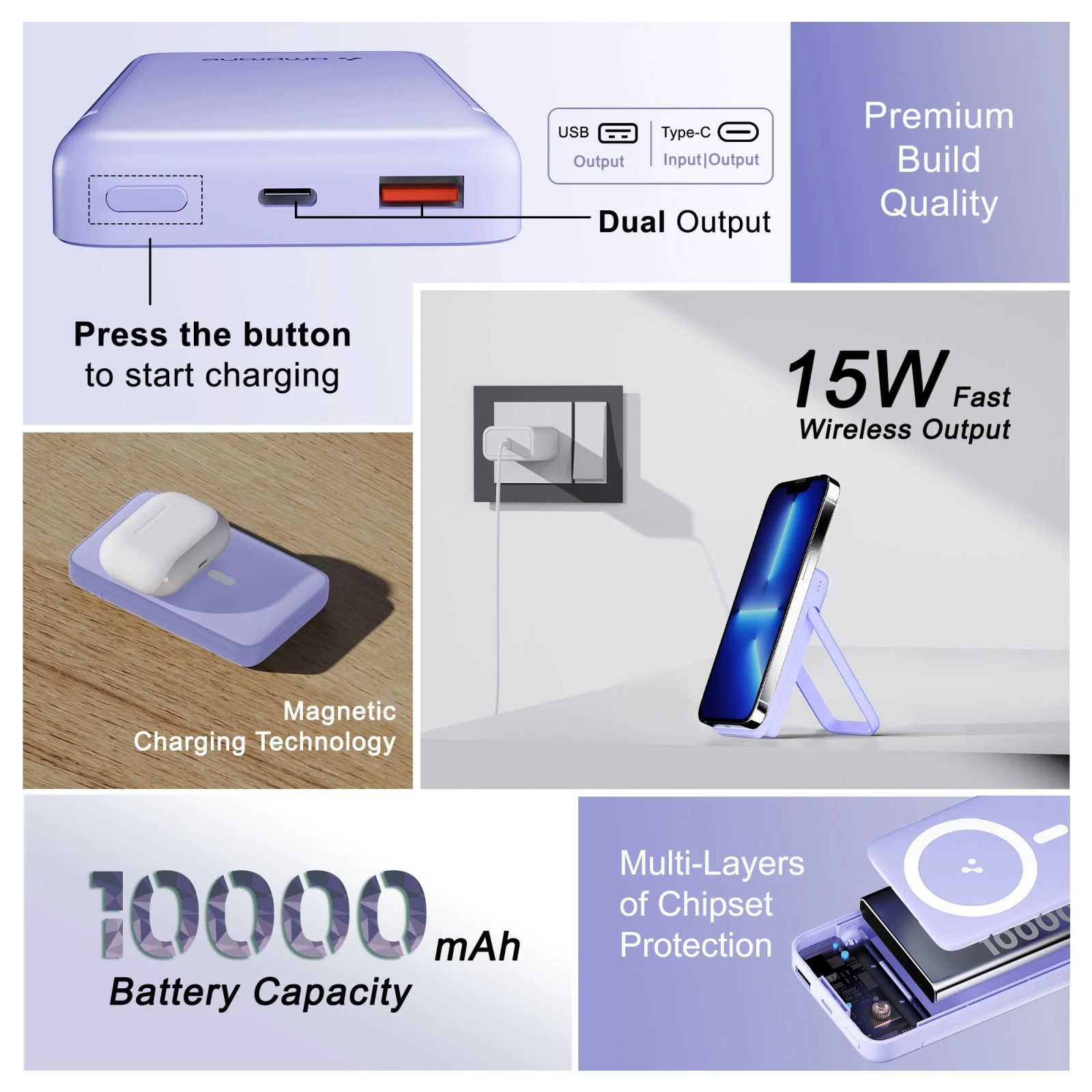 ambrane AeroSync PB 10 10000 mAh 15W Fast Charging Power Bank (1 Type A and 1 Type C Ports, Wireless Charging, Purple)_4