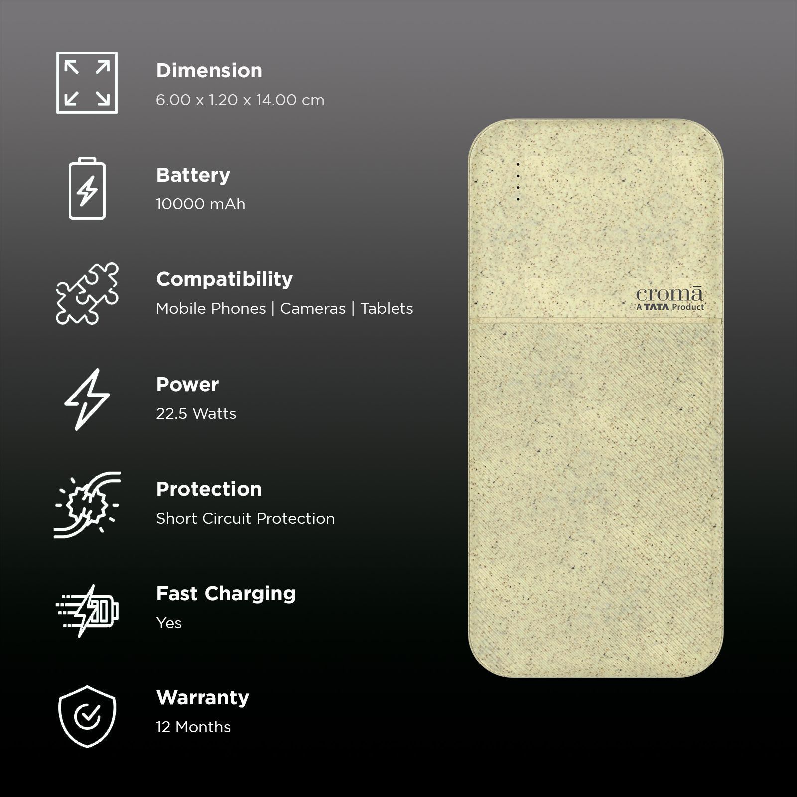 Croma 10000 mAh 22.5W Fast Charging Power Bank (2 Type A & 1 Type C Ports, Recycled Plastic Casing, Short Circuit Protection, Brown)_2