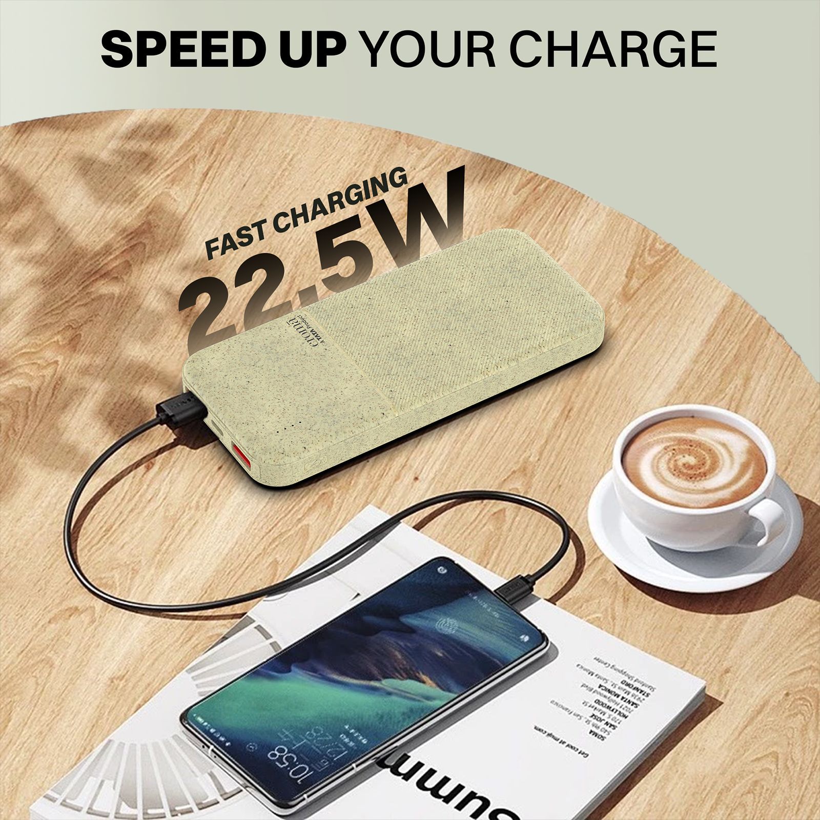 Croma 10000 mAh 22.5W Fast Charging Power Bank (2 Type A & 1 Type C Ports, Recycled Plastic Casing, Short Circuit Protection, Brown)_6