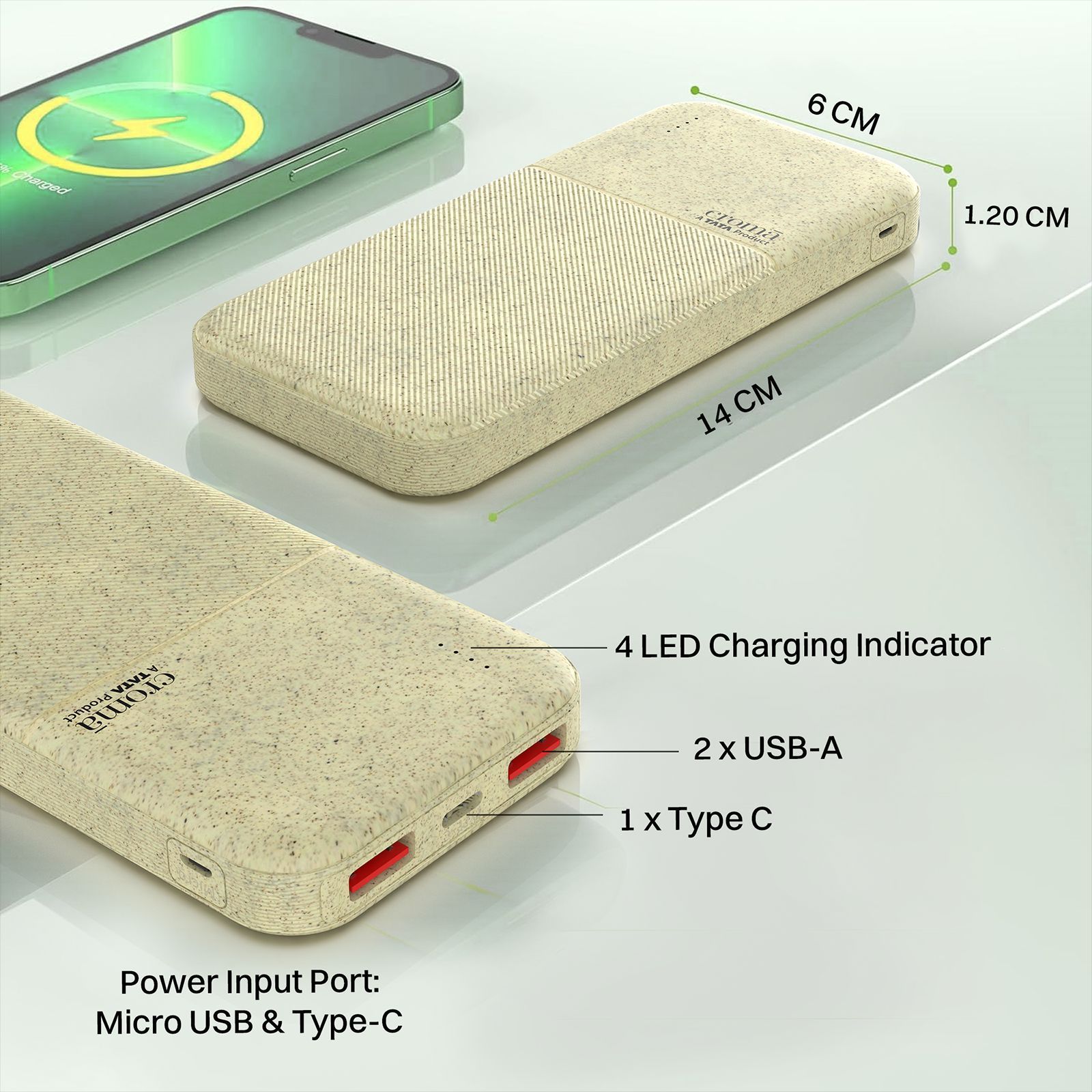 Croma 10000 mAh 22.5W Fast Charging Power Bank (2 Type A & 1 Type C Ports, Recycled Plastic Casing, Short Circuit Protection, Brown)_6