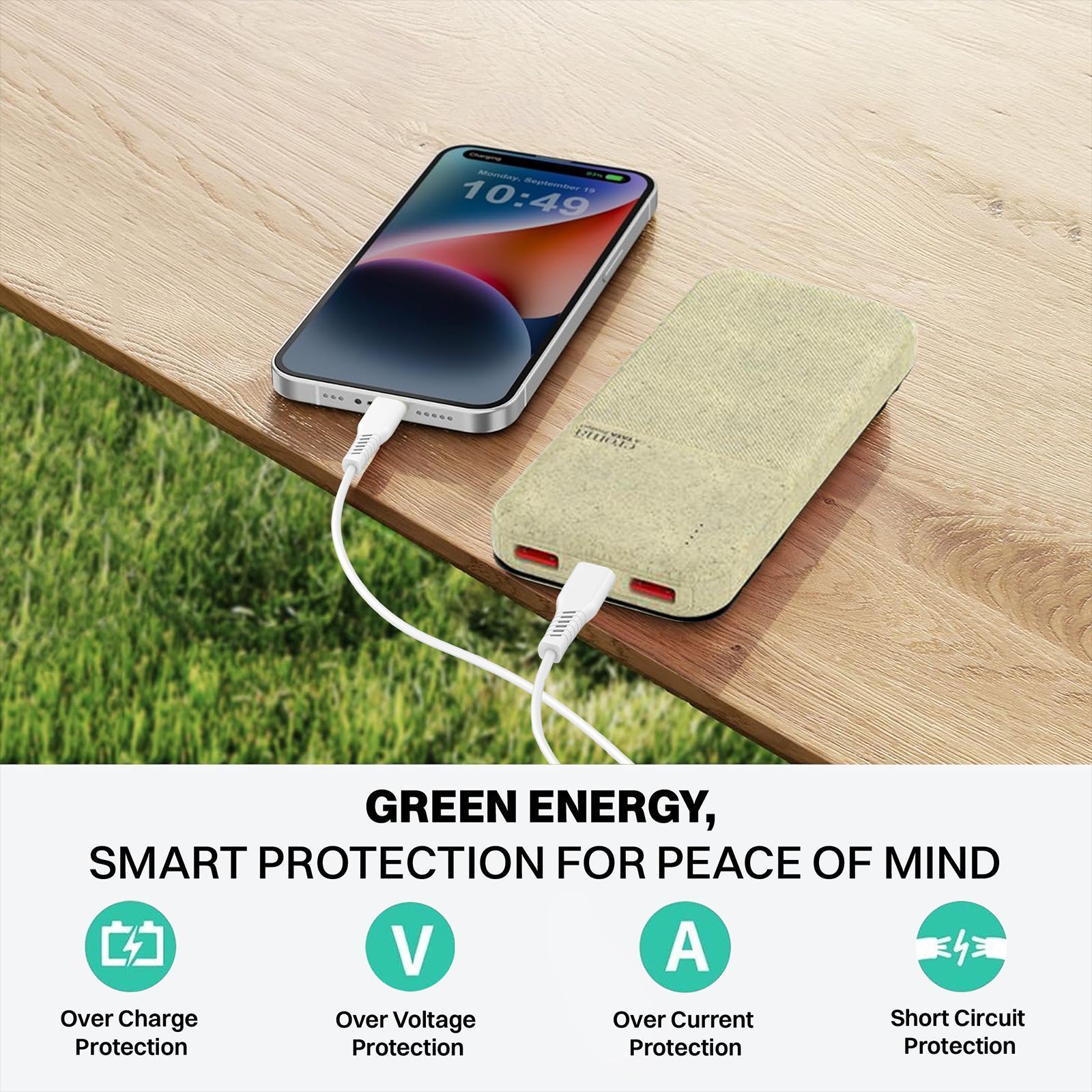 Croma 10000 mAh 22.5W Fast Charging Power Bank (2 Type A & 1 Type C Ports, Recycled Plastic Casing, Short Circuit Protection, Brown)_7
