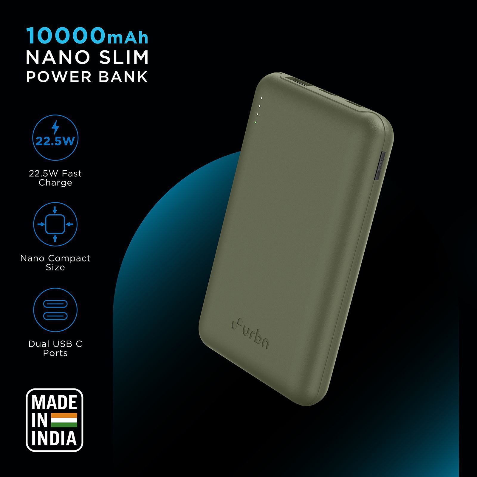 urbn Nano Slim 10000 mAh 22.5W Fast Charging Power Bank (2 Type C & 1 Type A Ports, 12 Layers Circuit Protection, Camo)_15